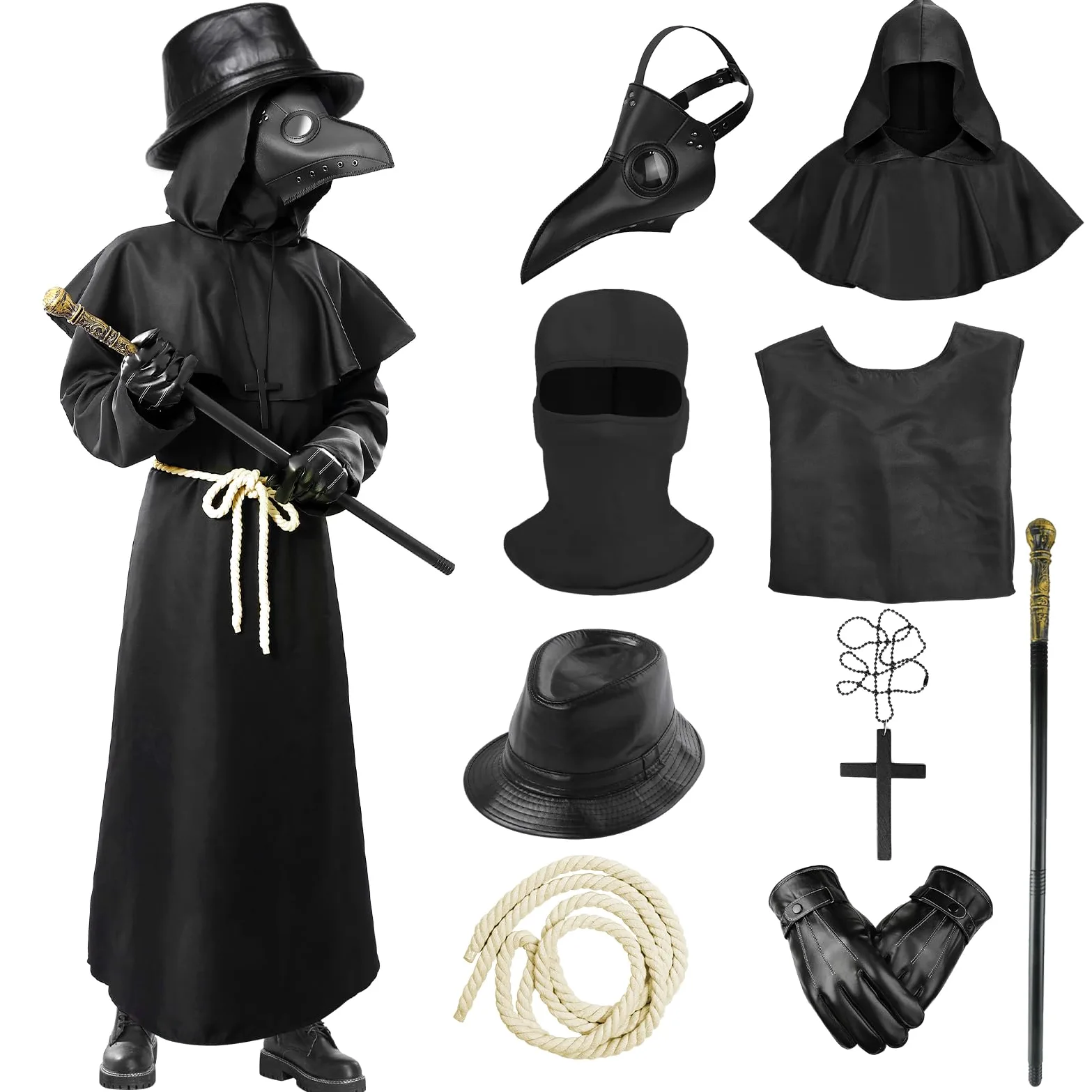 Medico della Peste Costume, Dottore Della Peste Costume Bambino Adulto Set con Mantello Maschera Cappello Accessori Plague Doctor Cosplay per Halloween Carnevale