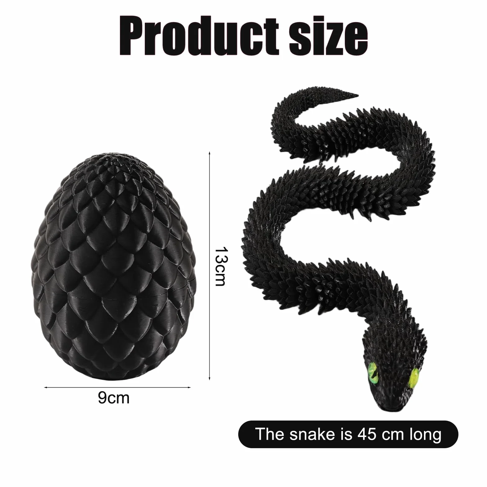 Joycabin Serpente Giocattolo 3D Stampato, Uovo di Drago 3D Stampato Pasqua, Uova di Serpente, Animali 3D Stampati Giocattolo per Bambini Regali, Decorazione da Scrivania e Casa (45cm/Nero)