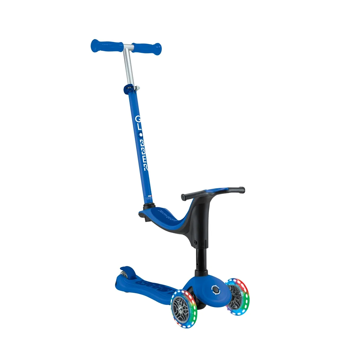 Globber - GO•UP SPORTY LIGHTS - Monopattino a 3 ruote con seduta, per bambini dai 15 mesi ai 6 anni, Blu scuro
