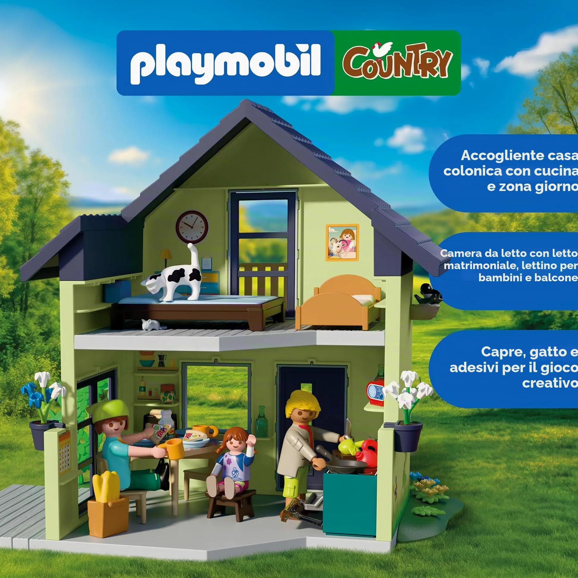 PLAYMOBIL | Country | Casa di campagna | Casa abitabile con balcone, cucina, letti, animali e accessori completi | Per bambini da 4 anni | 72162