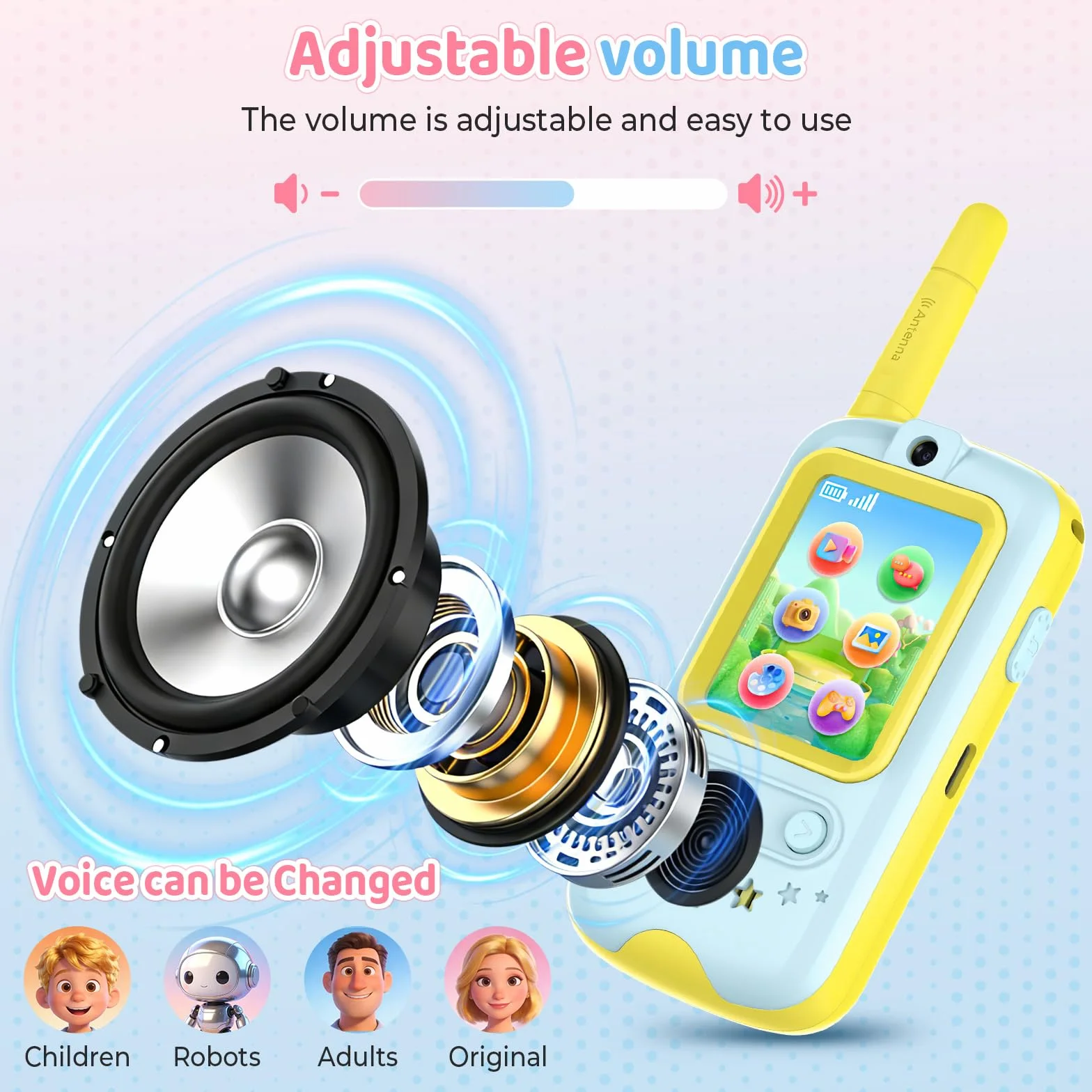 Walkie Talkie Bambini con Videocamera HD e Cambia Voce, Gioco Interattivo, Giallo + Arancione