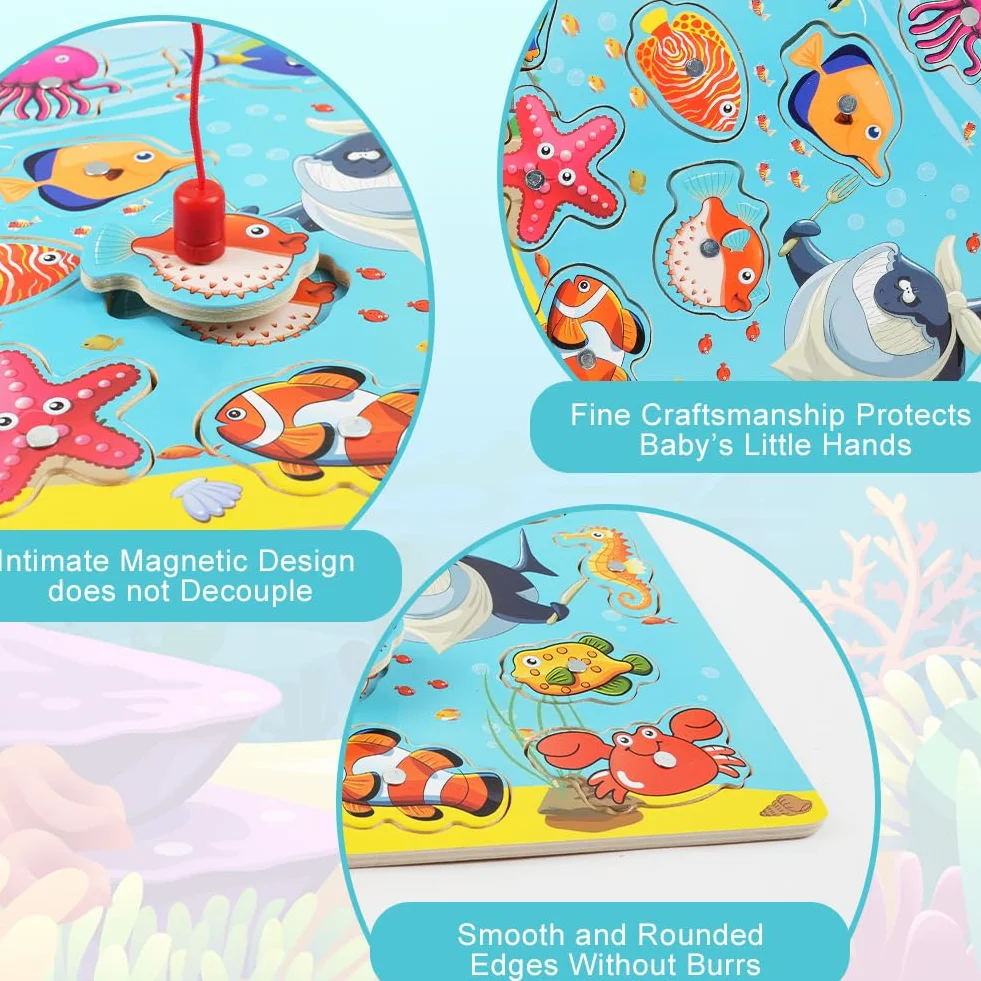 Vicloon Magnetico Giochi di Pesca per Bambini, Giochi Magnetici di Pesca in Legno, Giocattoli di Legno Gioco di Pesca, Giochi Montessori, Educativo Interattivi per Bambini Regalo 3 4 5 Anni(Oceano)
