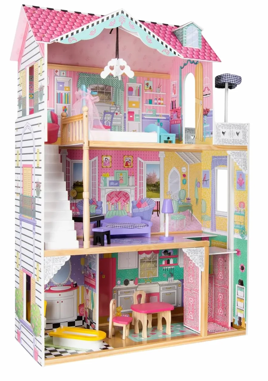 Casa delle Bambole in Legno Grande con Ascensore e Illuminazione, Villa a 3 Piani con Terrazza, Mobili e Accessori Inclusi, per Bambole fino 30 cm, Gioco di Ruolo Educativo, Regalo Bambini 3+