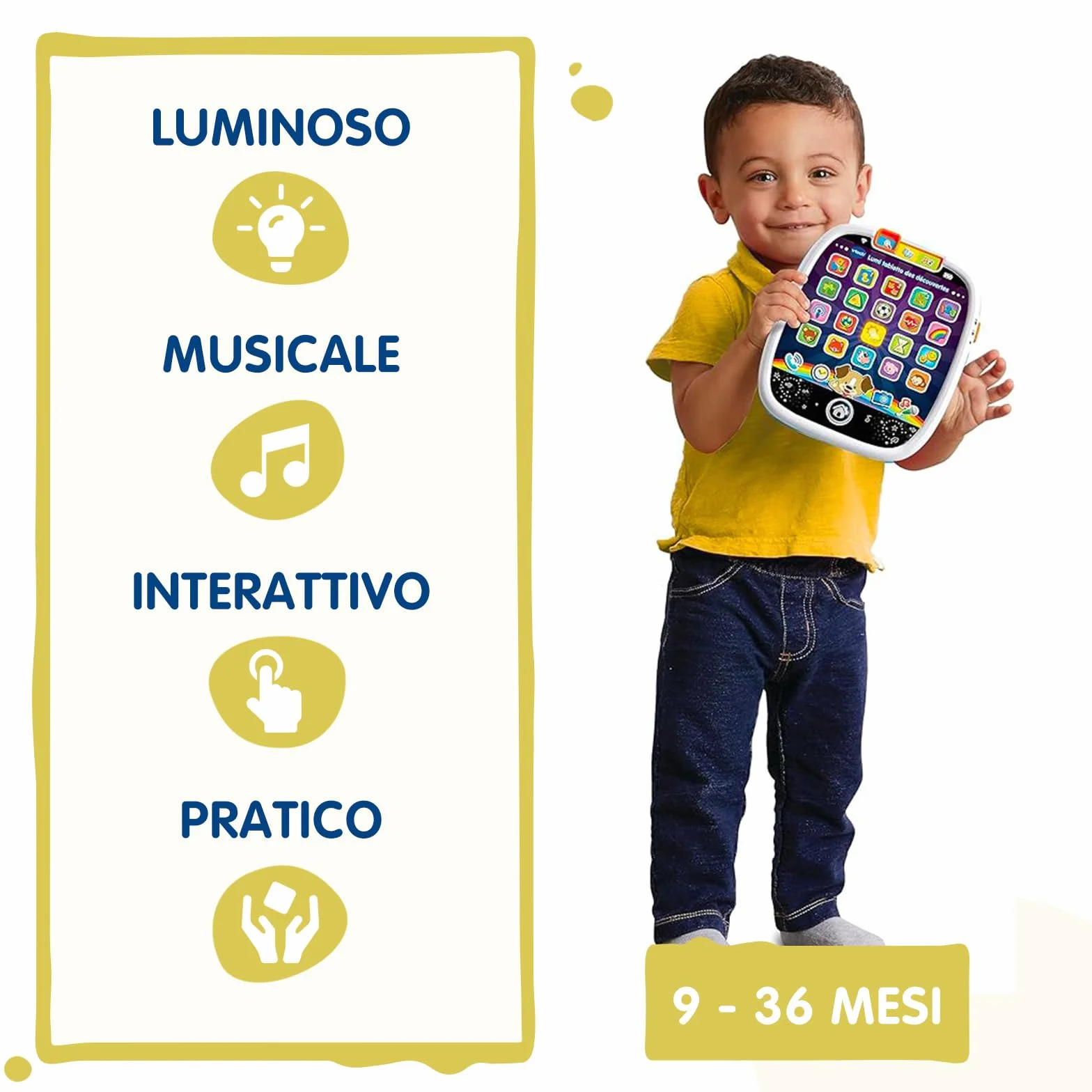 VTech Il Mio Super Tablet, Tablet per Bambini con 25 Icone Interattive ed Effetti Luminosi, Pratica Maniglia, Gioco Bambino con Animali, Forme e Numeri, Lingua Italiana, Batterie Incluse, 9-36 Mesi