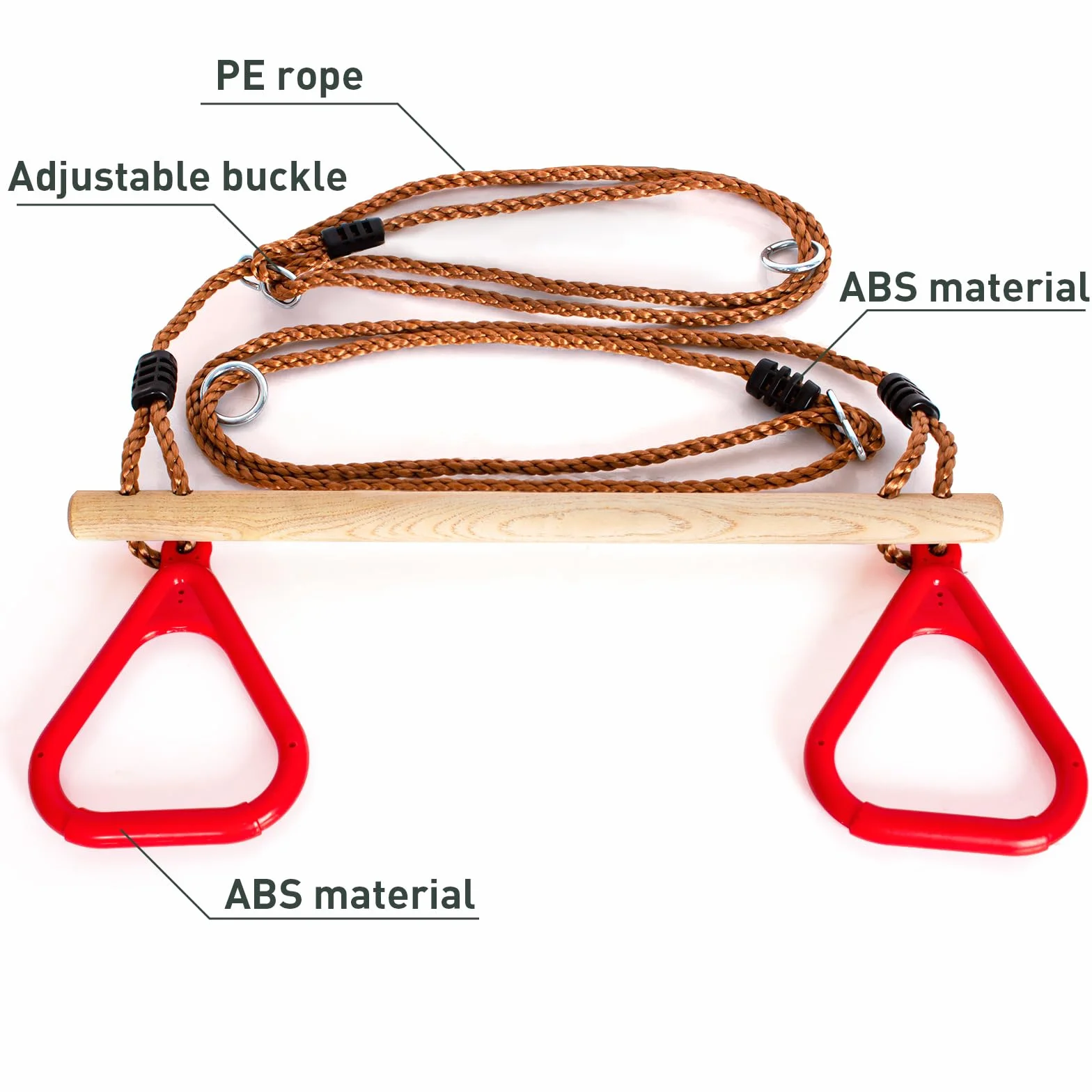 Leogreen - Trapezio in Legno con Anelli da Ginnastica, Barra per Trazioni per Fitness all'Aperto, Colore Rosso