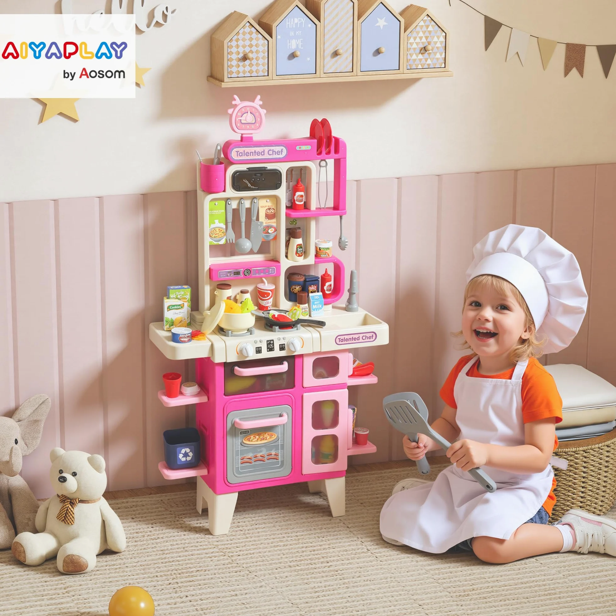 AIYAPLAY Cucina Giocattolo con 104 Accessori 3-6 Anni 52.5x22x100 cm Rosa | Suoni Realistici, Gioco per Bambini, in PP, PE e ABS