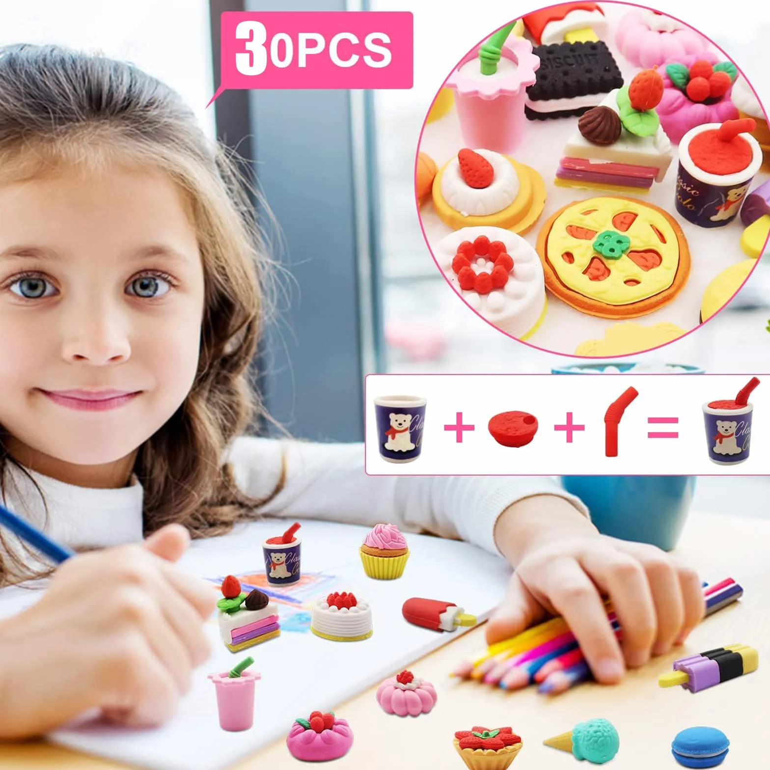 Gomme fantasia, 30 pezzi gomme carine, gomma bambino, gomma fantasia, adatto per compleanno festa dei bambini Festival Capodanno Natale (diversi stili, selezionati a caso)