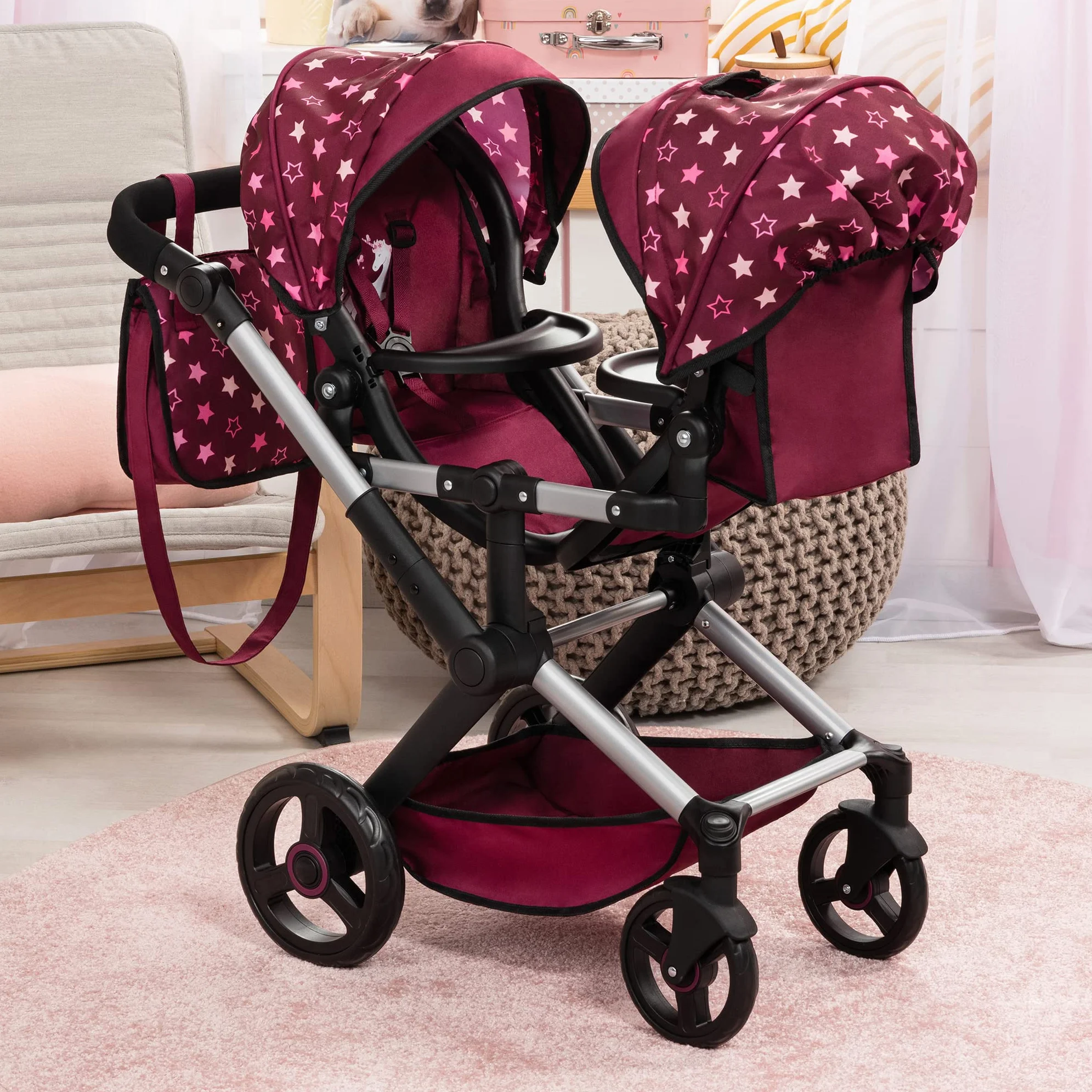 Bayer Design 26723AA Carrozzina gemellare Twin Xeo, carrozzina per bambole doppia, regolabile in altezza, borsa, bordeaux, rosa, stelle