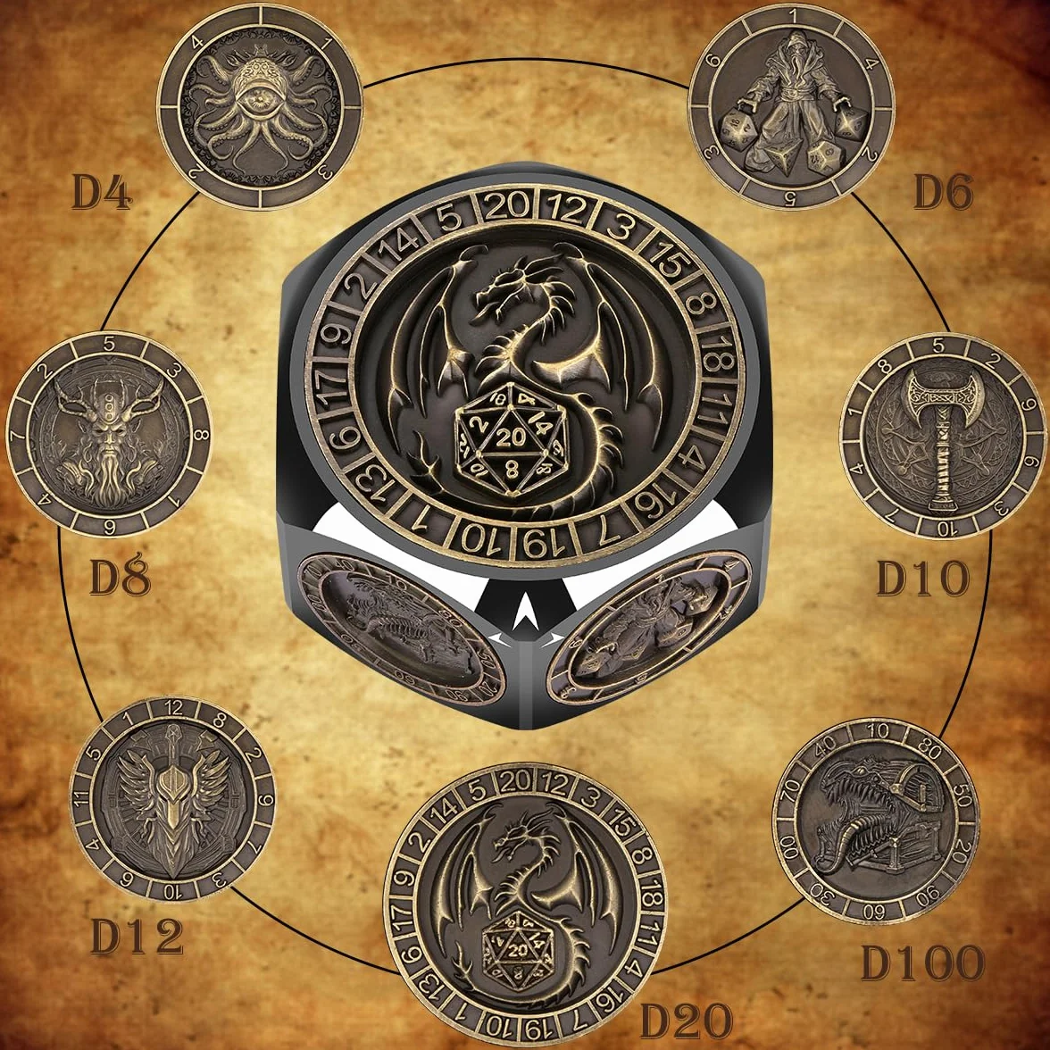 Set di Dadi Rotanti DND, 8 Facce Spinner Dadi in Metallo, Design a Rilievo 3D, Dadi Poliedrici Girevoli, Regalo D&D con Scatola Logo Drago, MTG, Giochi da Tavolo, Accessori per Giochi di Ruolo, Nero