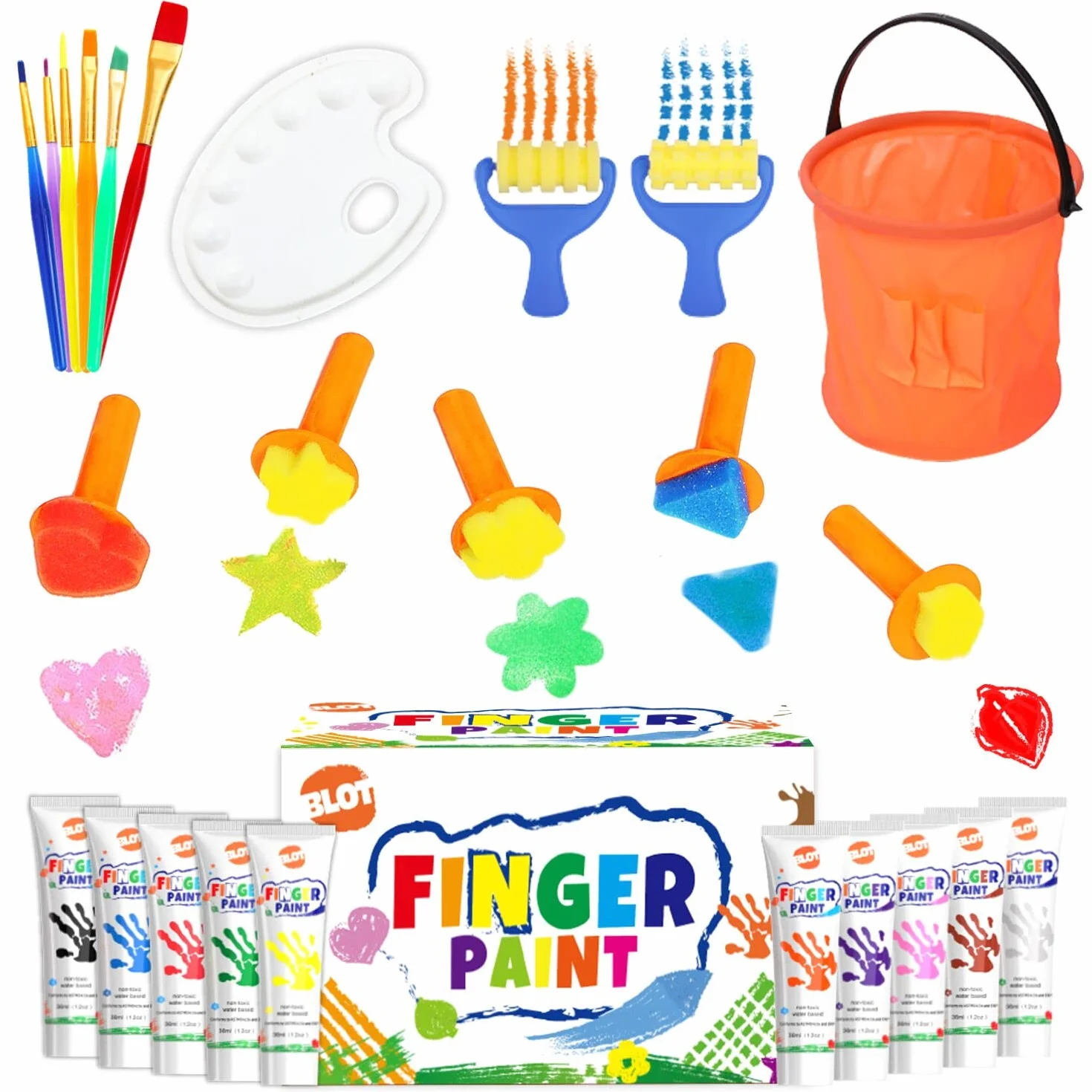 BLOT Colori a Dita per Bambini Lavabili Pitture Dita Bambini Non Tossico con Spugna Pennelli Tavolozza per Dipingere Apprendimento Precoce Disegno Regalo