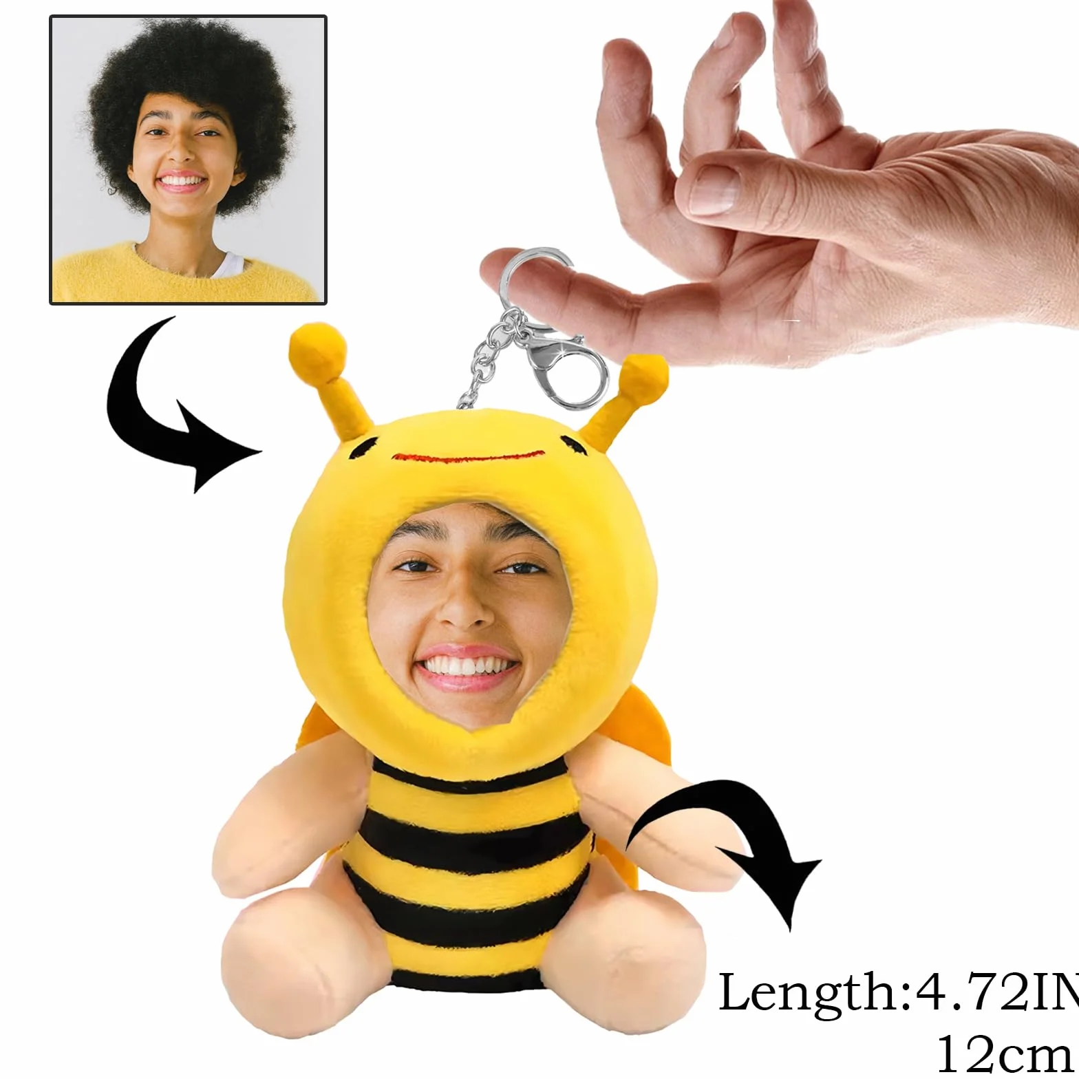 Portachiavi personalizzato in peluche animale - Regalo in peluche animale personalizzabile con una foto del vostro viso! - ape