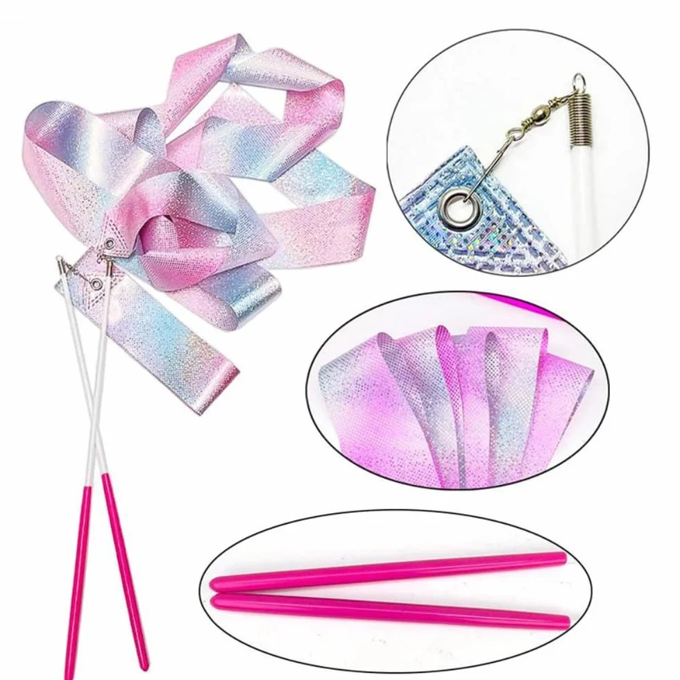 2 pezzi nastro da ballo da 2 m nastro da ginnastica per bambini arcobaleno e rosa, materiale da ginnastica, bacchetta per l'allenamento della danza artistica