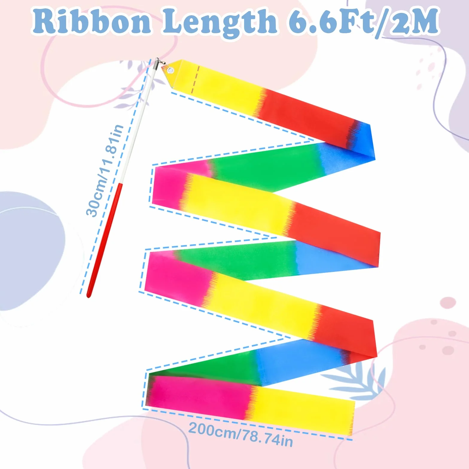 Nastri Colorati da Ginnastica con Asta Rotante per talenti Show, Bacchetta da Ballo per Bambini, Fascia Arcobaleno Ideale per Ragazze per Feste di Compleanno per (Multicolor-1)