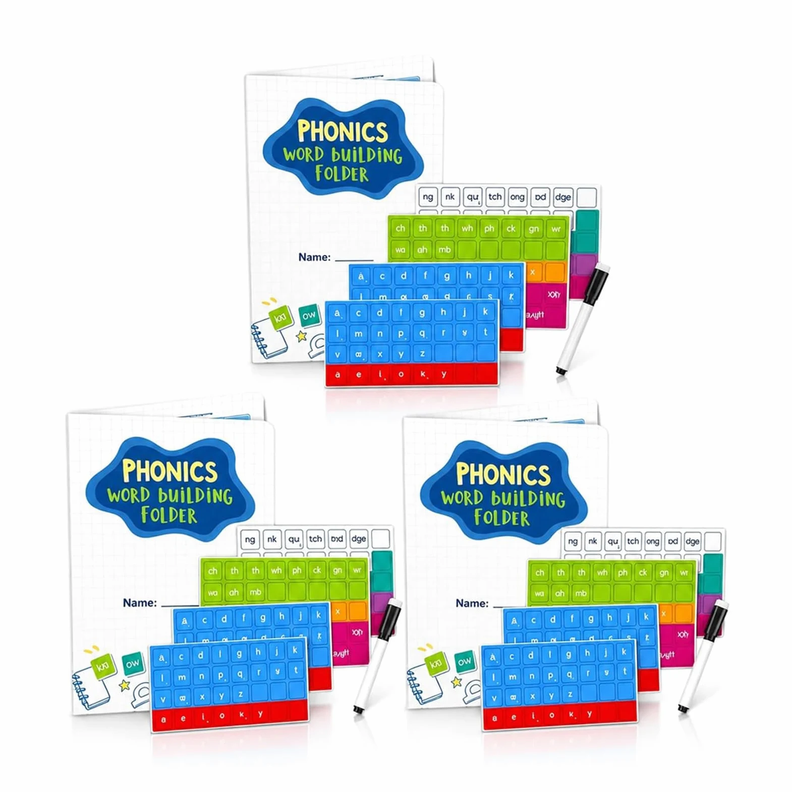 Kit di carte fonetiche magnetiche con 142 magneti e penna, tessere magnetiche per lettere fonetiche, set di costruzione di parole per alfabeto e vista, per parole, digrammi e vocali (3pcs)