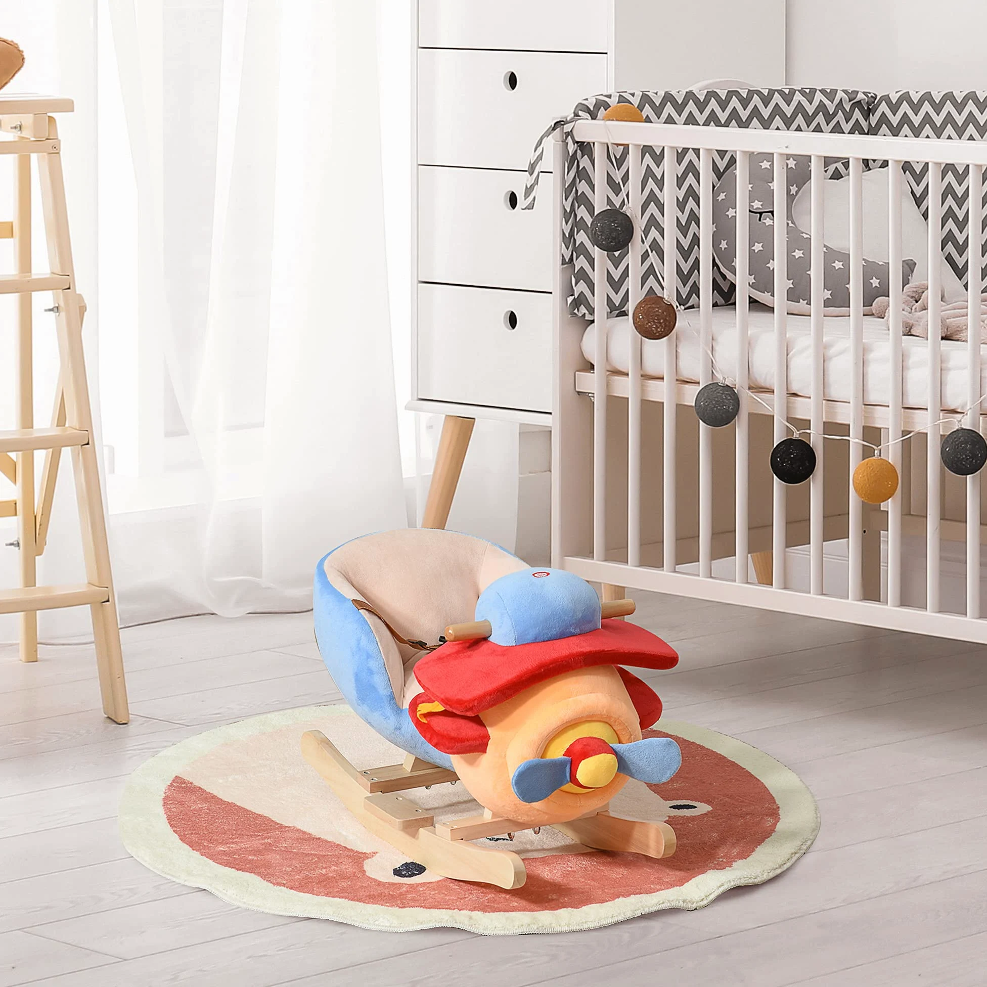 HOMCOM Cavallo a Dondolo a Forma di Aeroplano per Bambini 60x33x45cm | Età Superiore a 18 Mesi, Cacalluccio a Dondolo, Musica Incorporata, Legno Alamo, Max:60kg