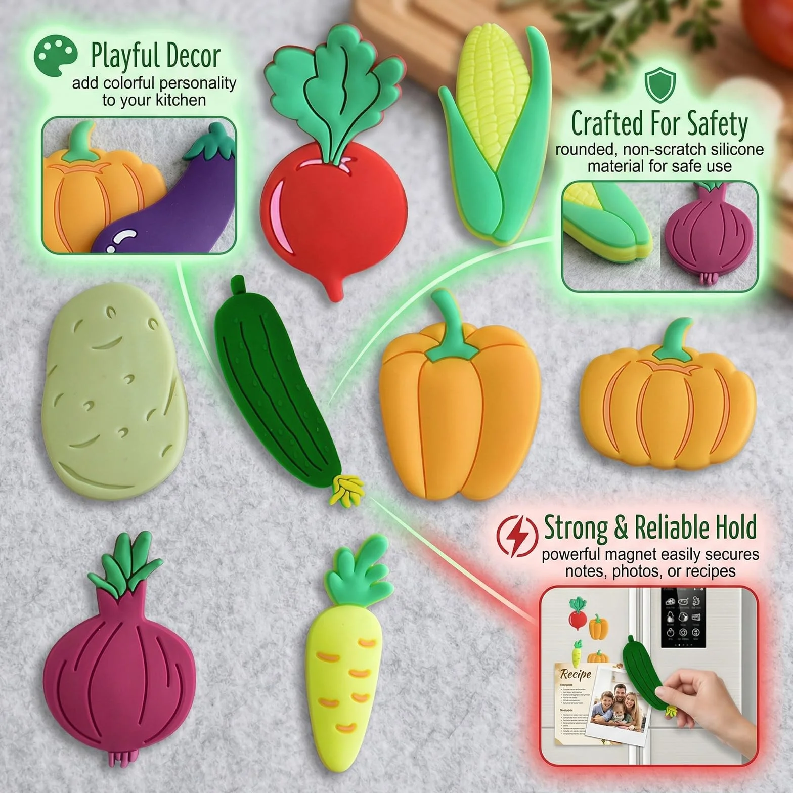 10 Calamite da frigo a forma di verdure – Calamite 3D carine per frigo e lavagna magnetica