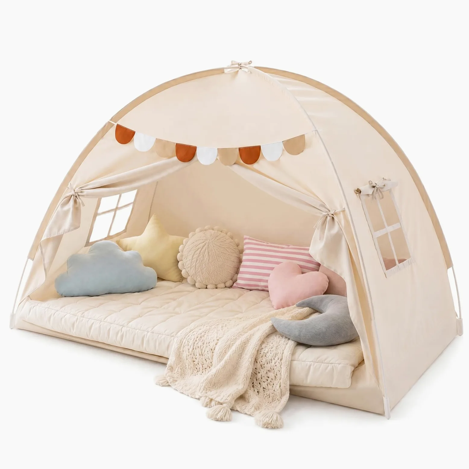 Tenda da Letto per Interni, Casetta da Gioco Pieghevole da Pavimento con Bandierine Decorative e Finestre Traspiranti, Baldacchino per la Privacy in Camera da Letto (Crema, 196 x 98 x 125 cm)