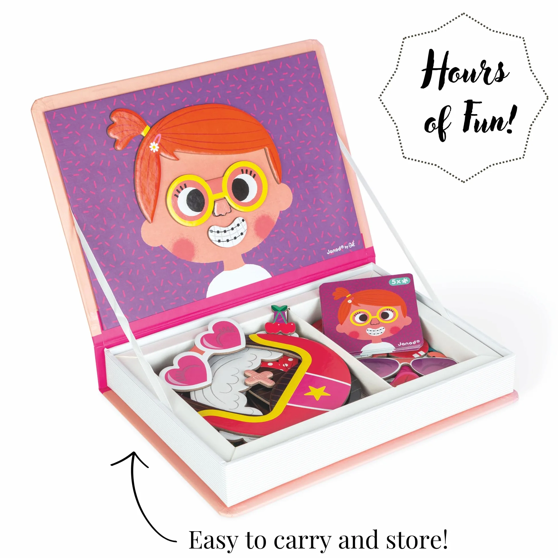 Janod Magneti'Book Crazy Faces Ragazza Gioco Educativo Magnetico 55 Pezzi 3+ Anni