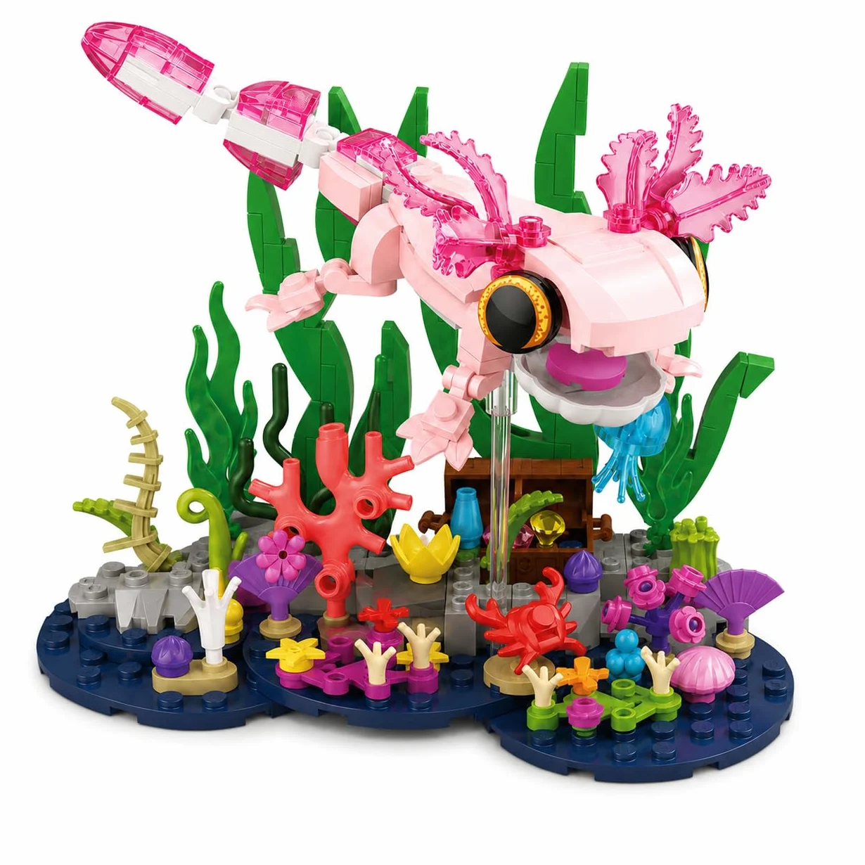 Axolotl Giocattolo da costruzione, carino rosa Axolotl subacqueo acquario | Con Axolotl mobile, scrigno nascosto, scena corallo, idea regalo per compleanno Natale
