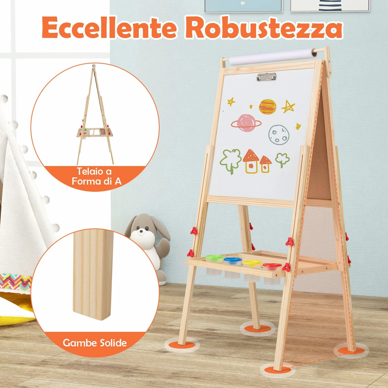 COSTWAY 3 in 1 Cavalletto per Bambini, Cavalletto Doppia Faccia Regolabile con Lavagna Magnetica e Bianca, Rotolo di Carta, 4 Bicchieri per Vernice e Vassoio per Stoccaggio, per Bambini 3-10 Anni