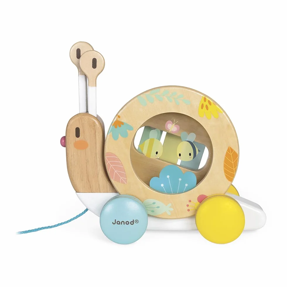 Janod - Chiocciola in Legno da Trainare Pure - Giocattolo in Legno con Xilofono e Tamburello - Vernice Ad Acqua - Giocattolo Educativo Musicale 1A Infanzia - Da 1 Anno, J05159