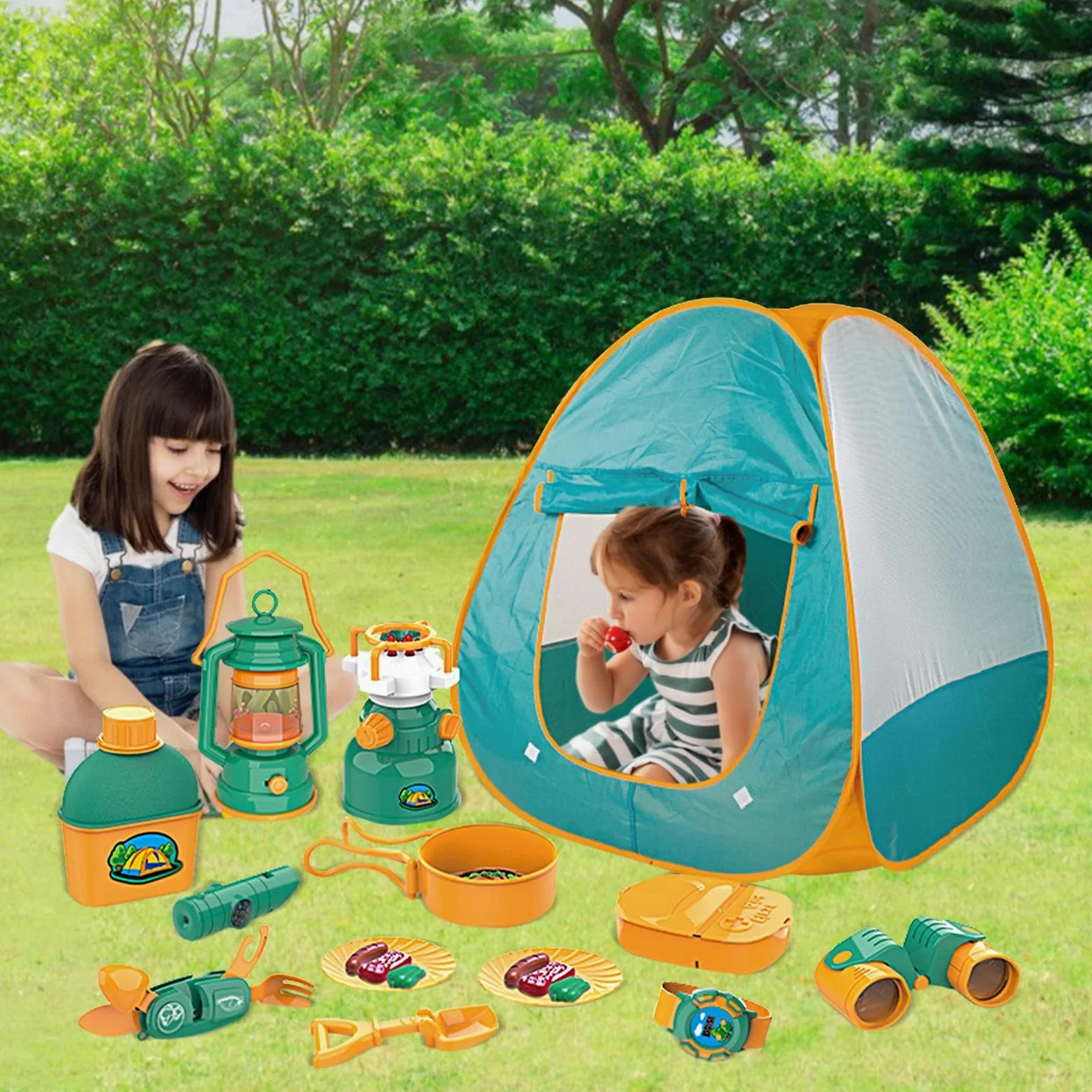 Set tenda da campeggio Giocattoli per bambini Set di 21 include tenda da, | Include tenda da campeggio per bambini, falò, lampada a olio, cibo finto per