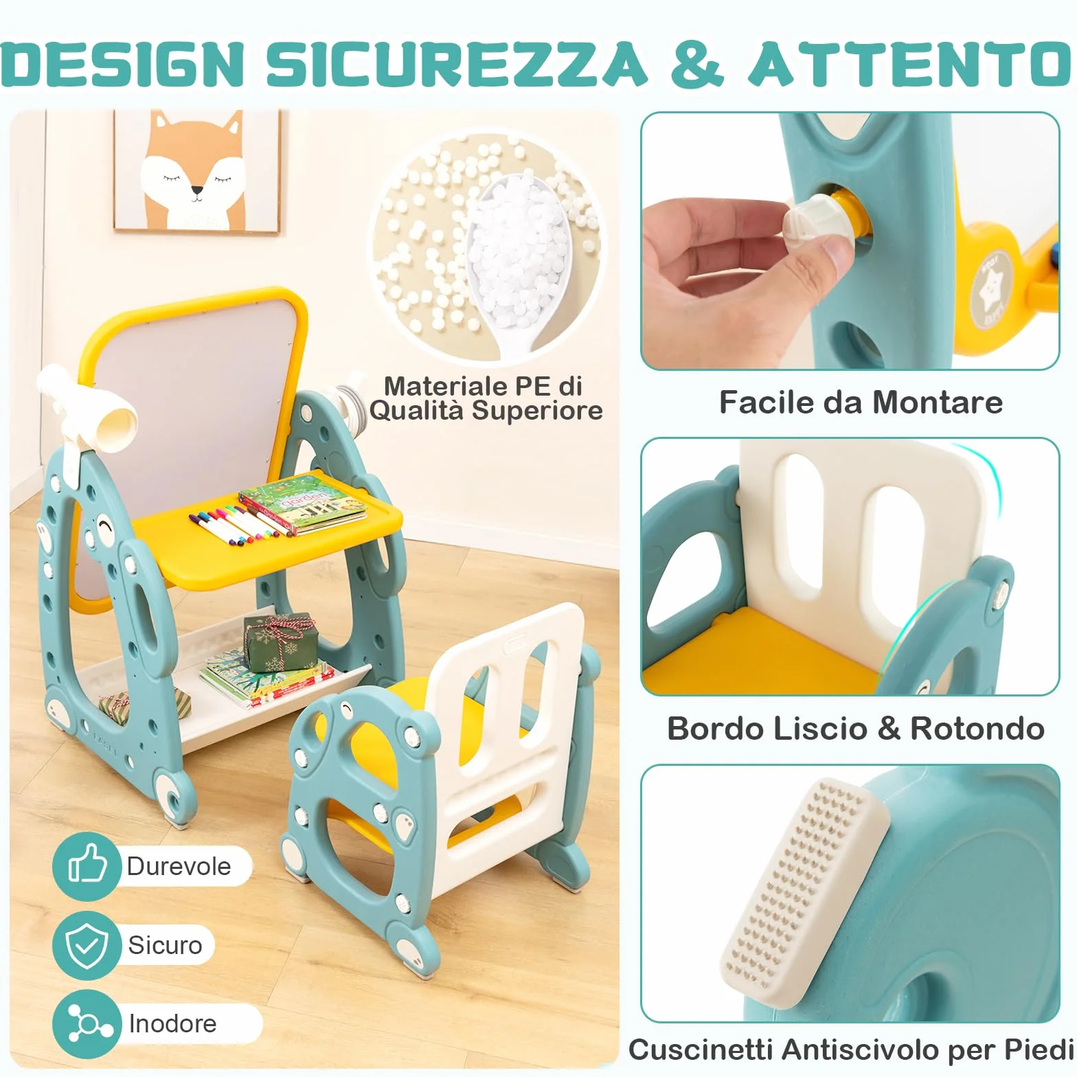 GYMAX Tavolozza Artistica 4 in 1 per Bambini con Sedia, Set Tavolo e Sedia per Disegno con Lavagna Magnetica Regolabile