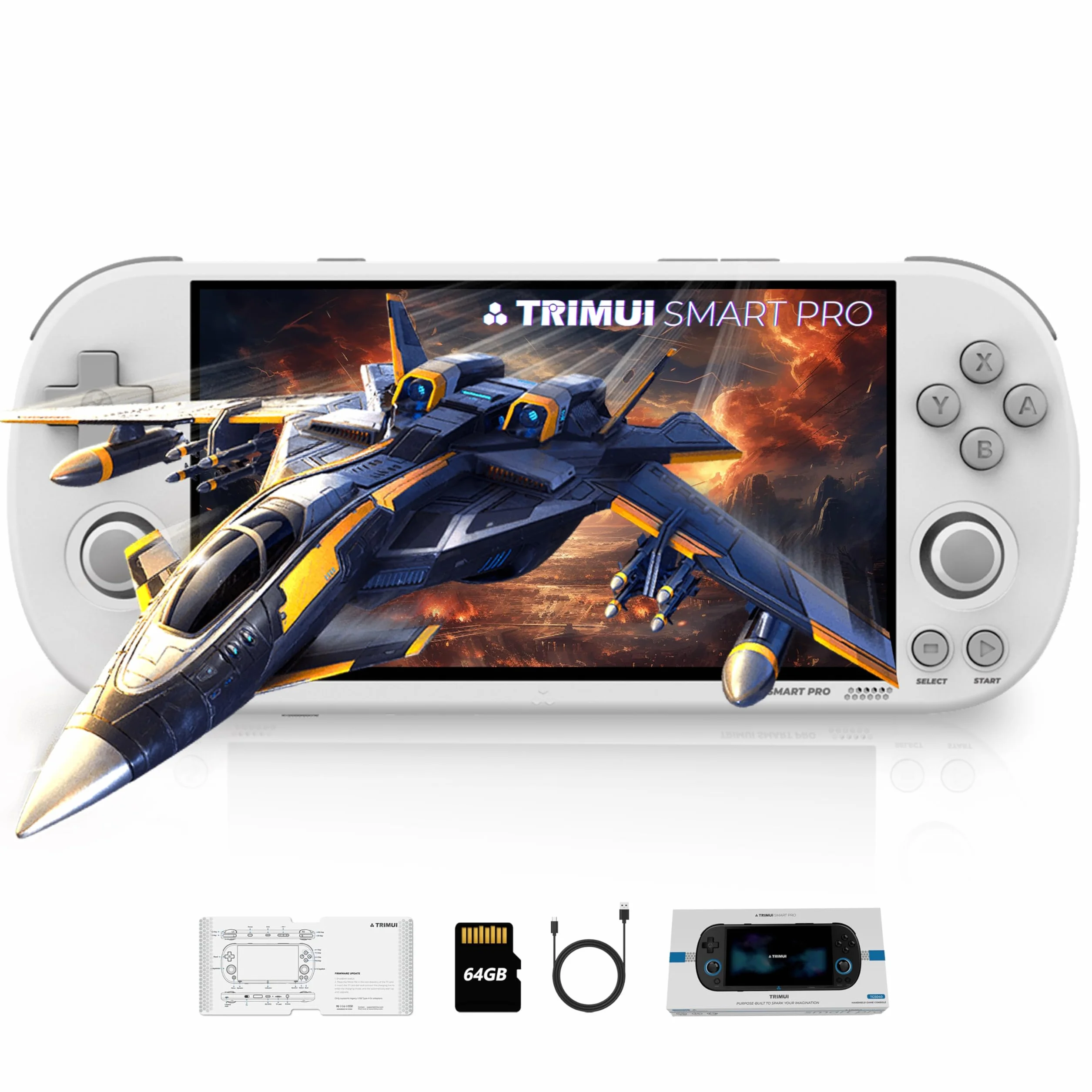 Trimui Smart Pro - Console di gioco portatile, console di gioco retrò con scheda TF da 64 G/256 G, schermo da 5 pollici, portatile, colore bianco, 64 GB