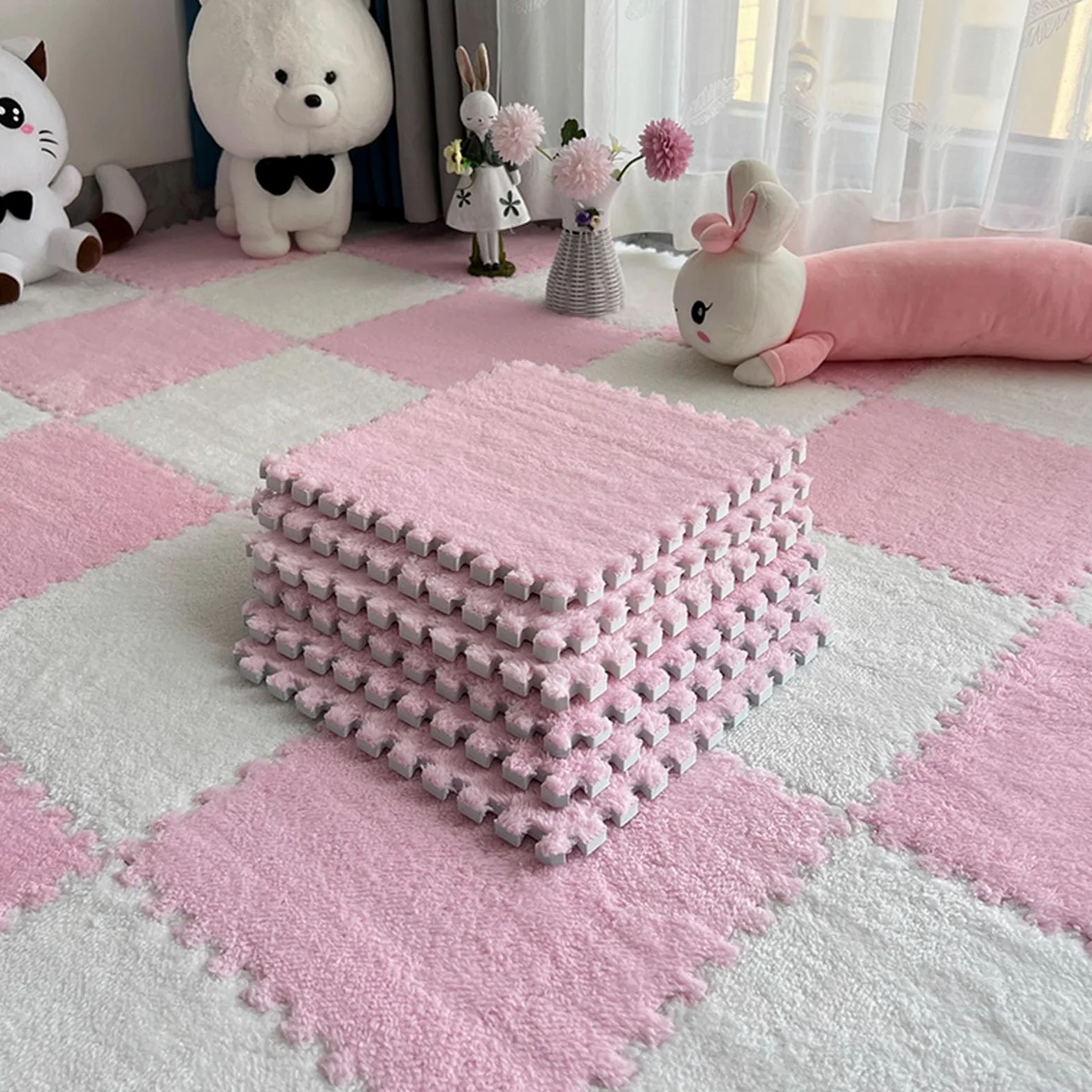 tappetini in schiuma, Confezione da 30 tappetini in schiuma ad incastro multicolore 12 x pollici(Pink+white)