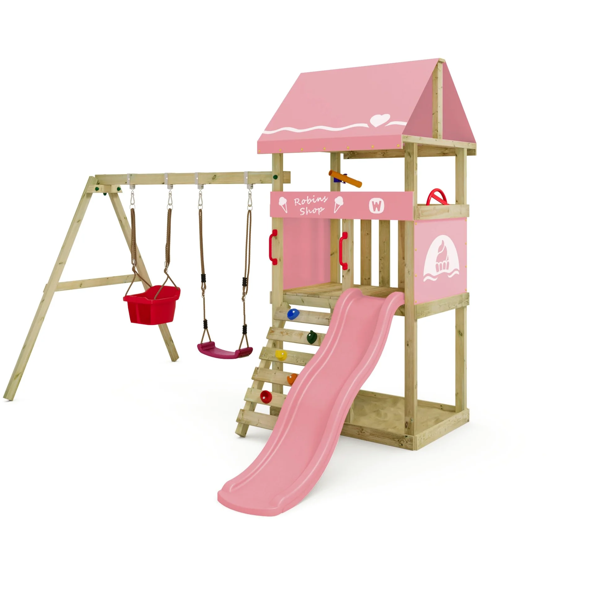 Wickey Parco giochi DinkyHouse con estensione dell'altalena - con scivolo & telone rosa pastello - Torre di arrampicata per bambini per il giardino in legno massiccio - 303x317x247 cm