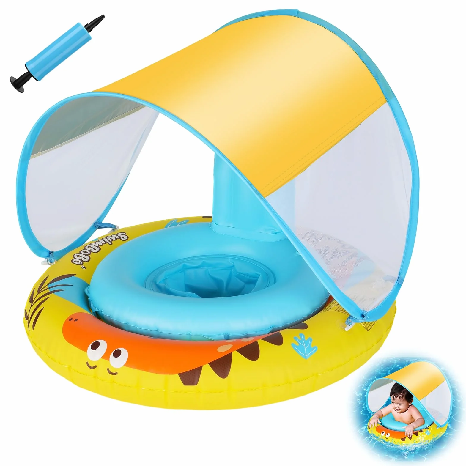 Coikes Salvagente Neonato con Tettuccio Parasole Anello di Nuoto Gonfiabile Regolabile per bambini con Mini Pompa Manuale Baby Nuoto Anello Salvagente gonfiabile per 6-36 mesi Ragazzo Ragazza