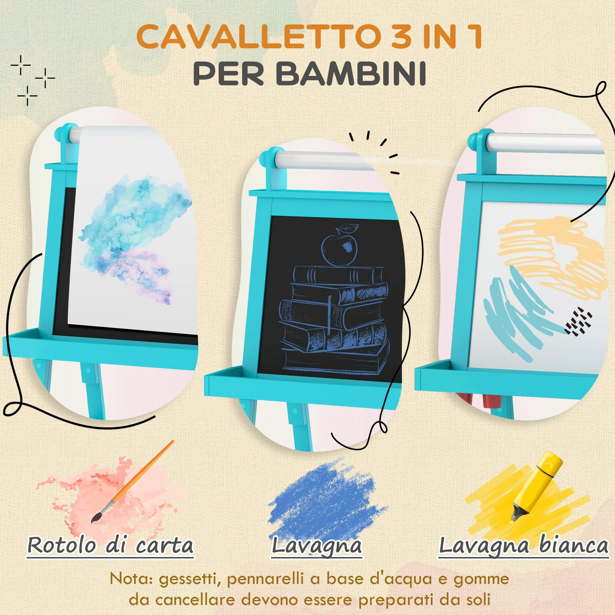 AIYAPLAY Lavagna Magnetica per Bambini a Doppia Facciata con Cavalletto in Legno, Bianco e Nero, Rotolo di Carta e 2 Contenitori, 3-6 Anni