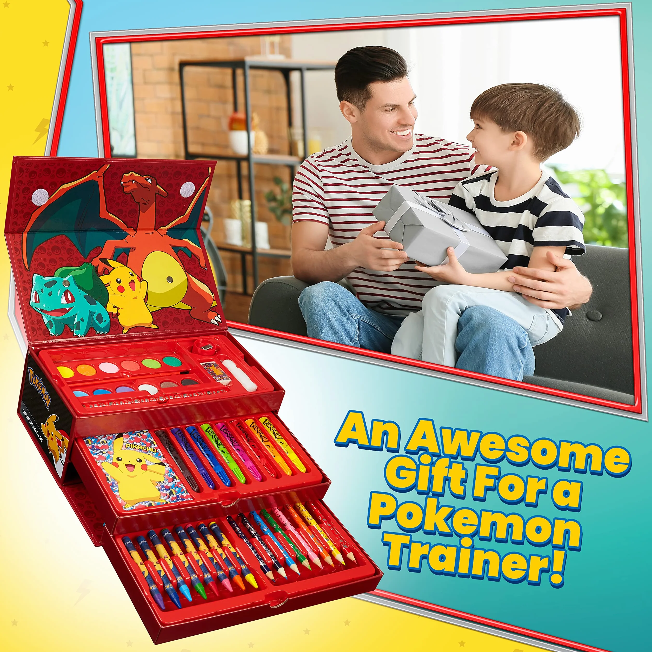 Pokemon Valigetta Colori per Bambini Accessori D'arte Matite Colorate Pastelli a Cera Pennarelli Acquerelli Pikachu Regalo Bambino Nero Rosso