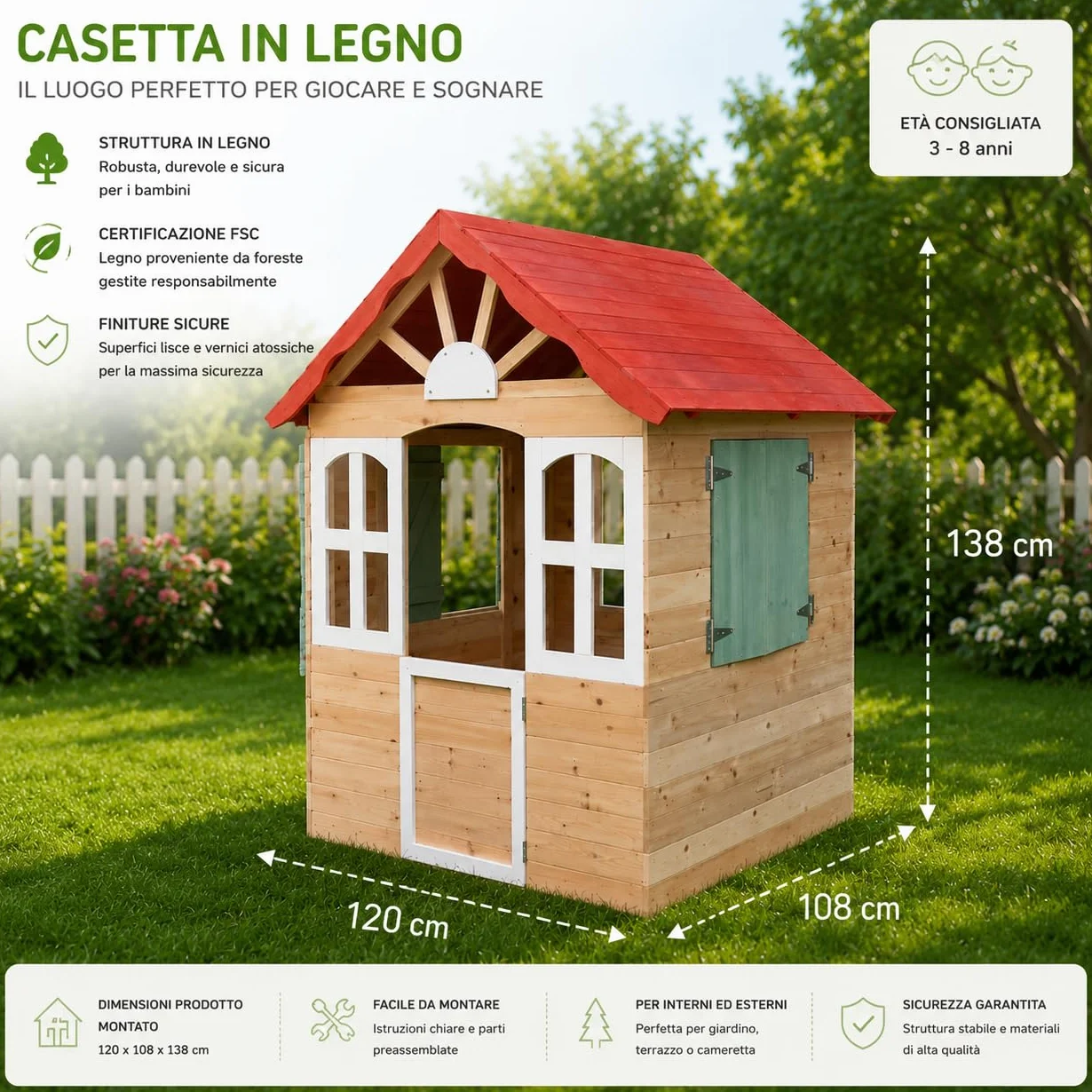Casetta per Bambini Casa Gioco per Bambini Esterno casetta da giardino per bambini casetta per Bambini da Interno Giardino Casetta da Gioco Tradizionale Grande 120x108x138cm.