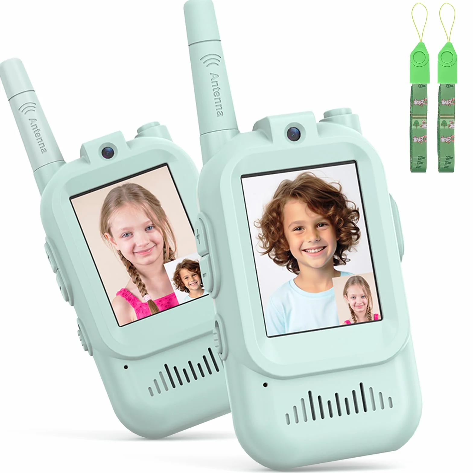 Video Walkie Talkie Bambini Set da 2 Dispositivi Ricaricabili Interfono Video Giochi Interni Esterni Campeggio 3-12 Anni Verde