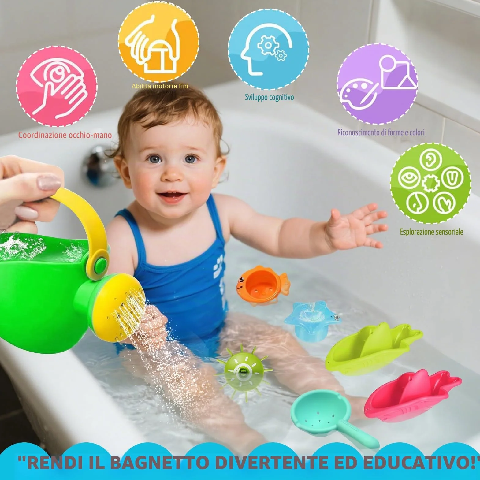 Giochi Bagnetto Neonato 14 Pezzi, Set Giochi Vasca da Bagno Bambini con Annaffiatoio, Ruota d’Acqua, Bicchieri Impilabili e Barchette, Giochi Bagnetto Neonato Atimuffa per Bagno e Piscina