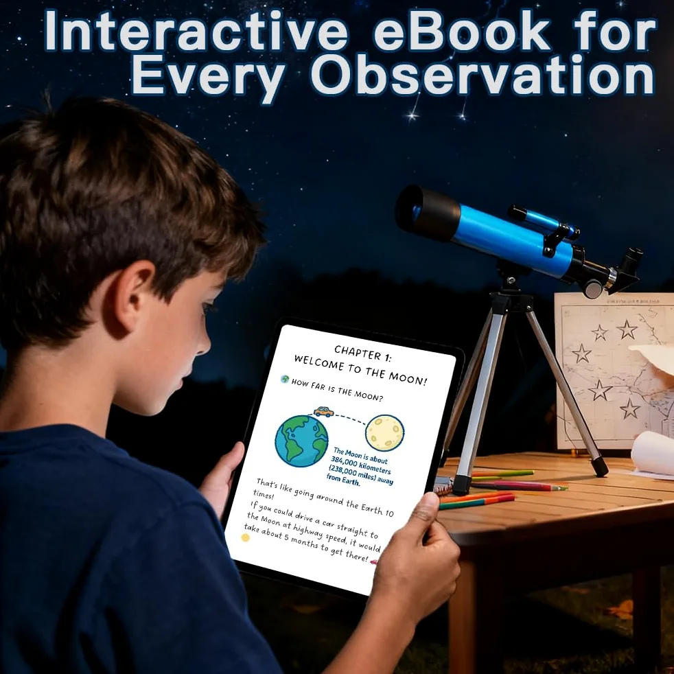 Telescopio astronomico per bambini dagli 8 ai 12 anni con treppiede, telescopio per principianti, apertura 50 mm, regalo educativo per osservare gli uccelli lunari, per ragazzi e ragazze dai 6