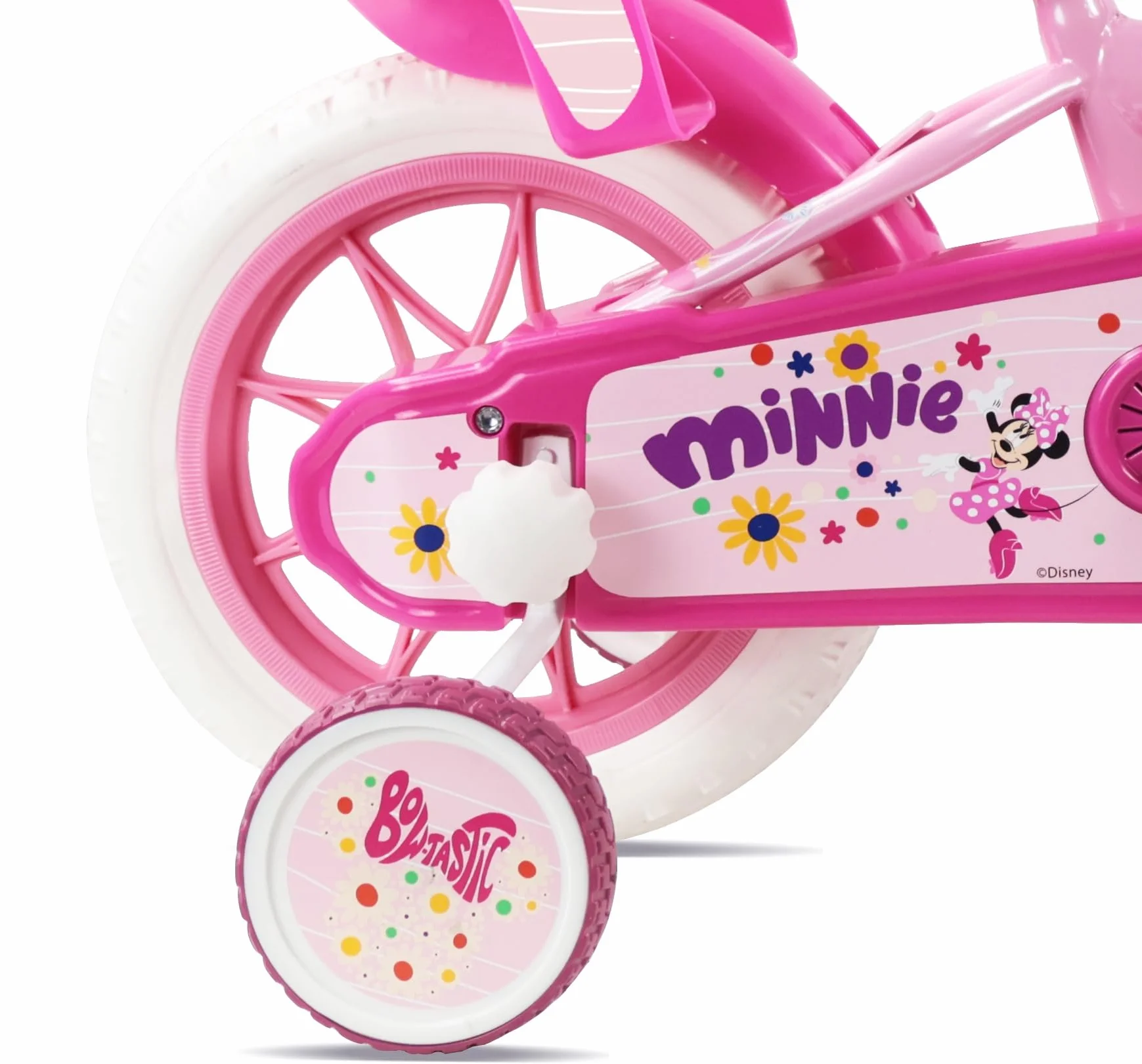 Disney Bicicletta da bambino 12' Minnie dotata di 1 freno, cestino anteriore, porta bambola posteriore, parafanghi, carter e stabilizzatori rimovibili senza attrezzi.