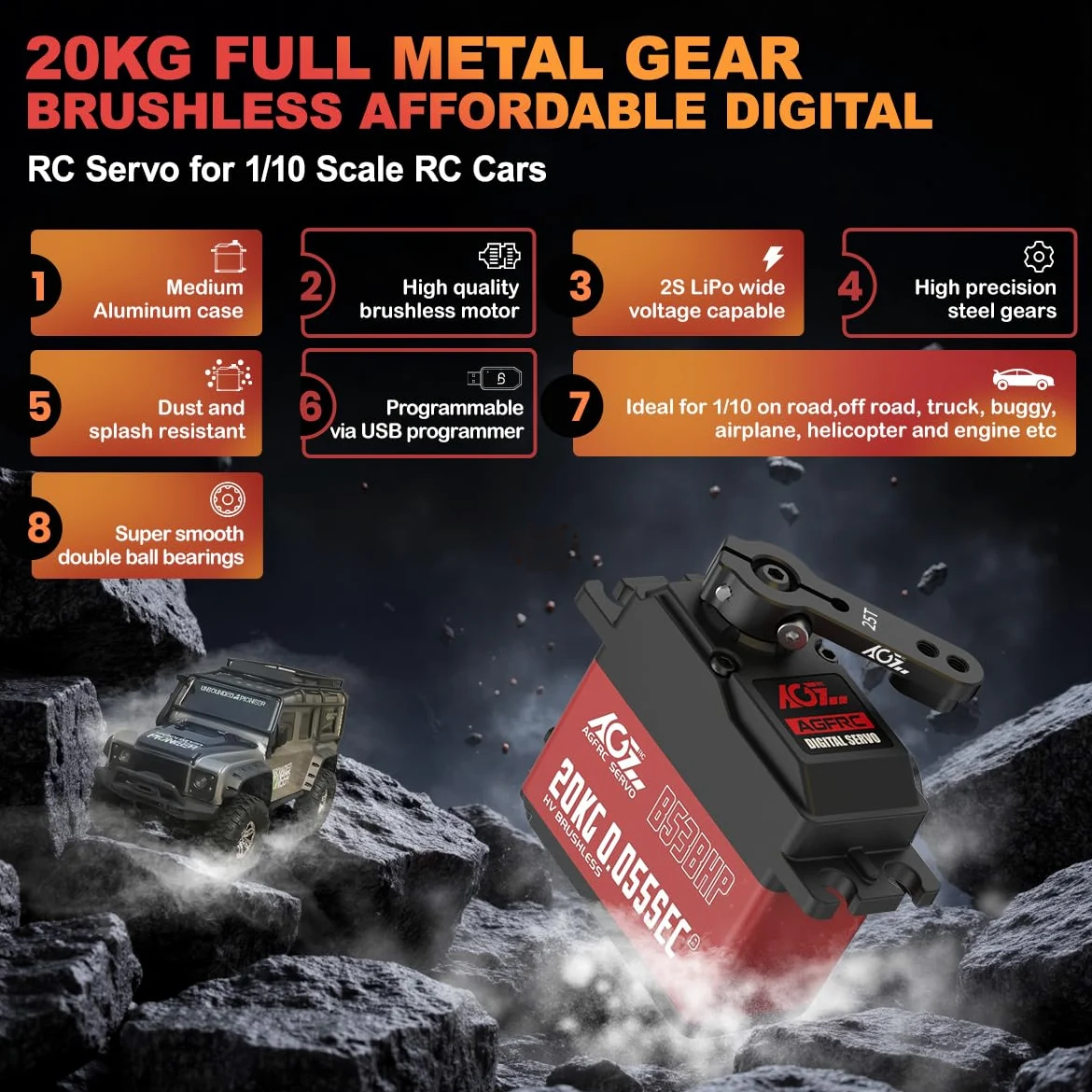 AGFRC Sterzo senza spazzole ad alta velocità RC-Servo-Motor - Servo digitale 0.055s con ingranaggio in metallo per cingoli per auto 1/10 RC (B53BHP V2)