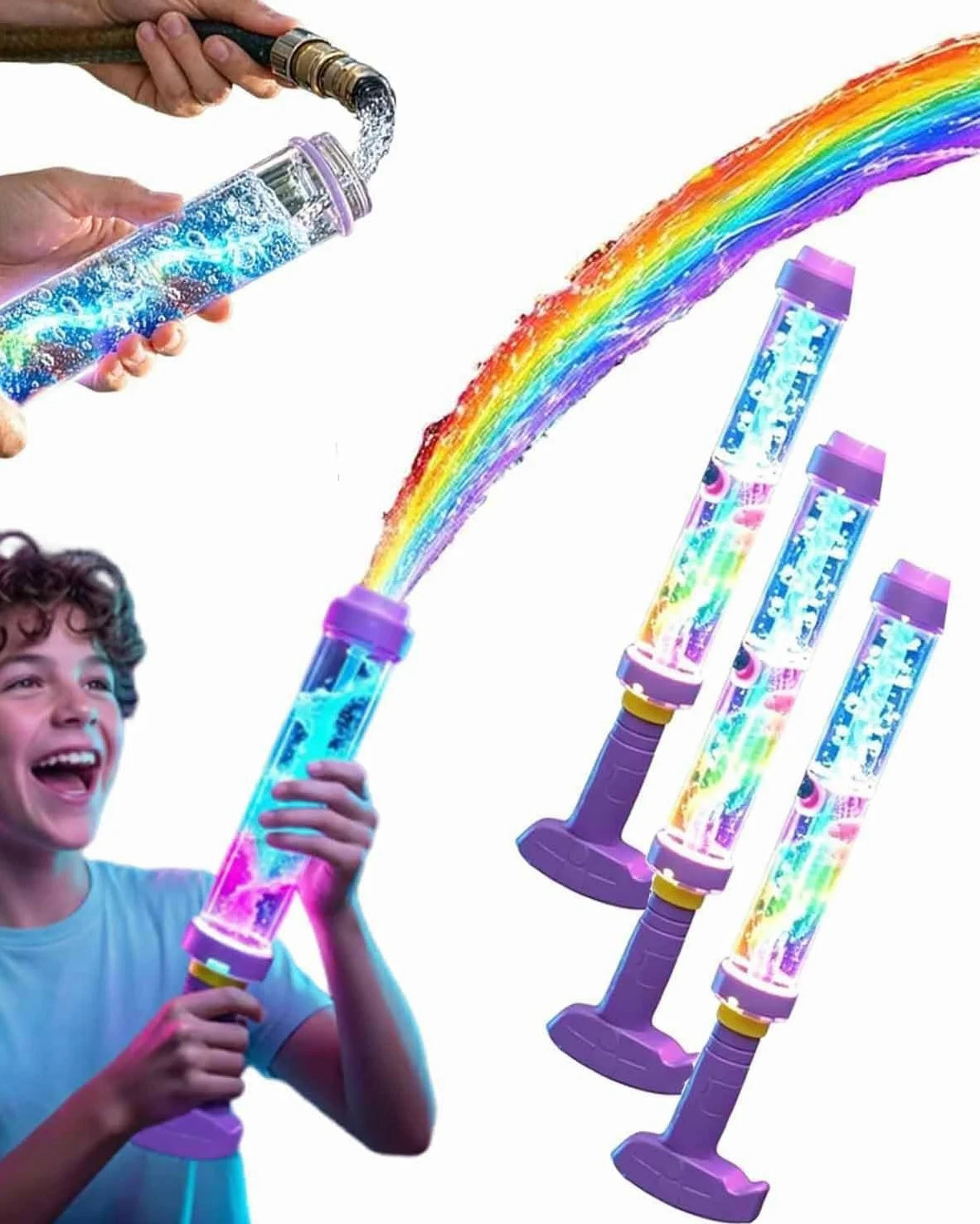 Pistola ad acqua a LED arcobaleno luminosa, pistolas ad acqua con fuochi d'artificio luminosi per bambini e adulti, pistola ad acquas ad alta pressione per feste in piscina (3PCS)
