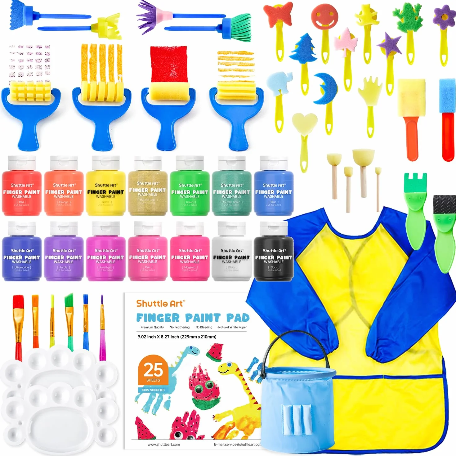 Shuttle Art Set Colori a Dita per Bambini Lavabili 46 Colori per Bambini con 14 Tempere Lavabili (60ml), Pennelli, Libro da Disegno, Spugna, Tavolozza, Grembiule, Non tossico