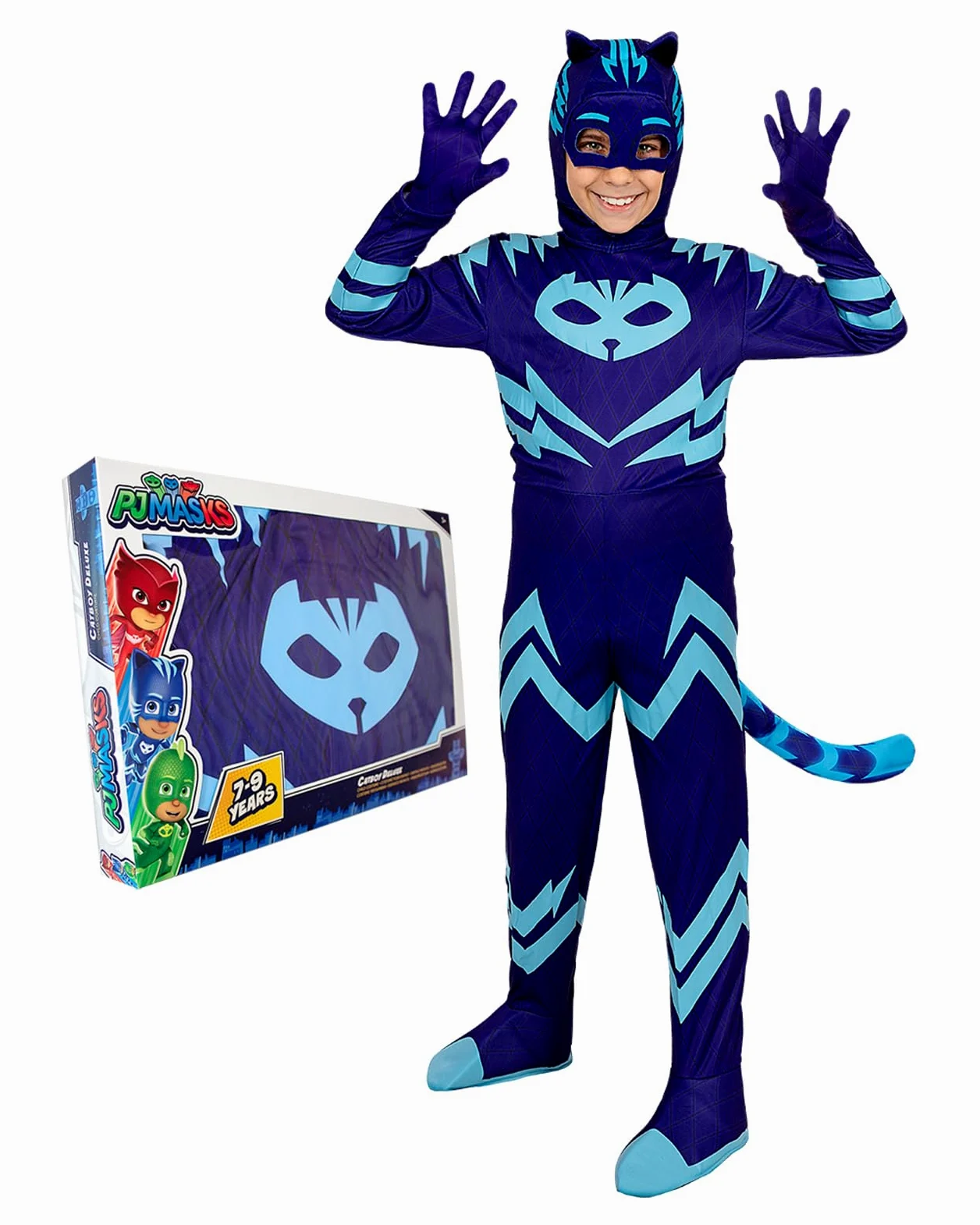 Funidelia Costume Ufficiale di Gattoboy PJ Masks deluxe per bambino, Include tuta con coda, maschera e guanti - Tenuta per bambini per feste, Carnevale e Halloween - Taglia 5-6 anni