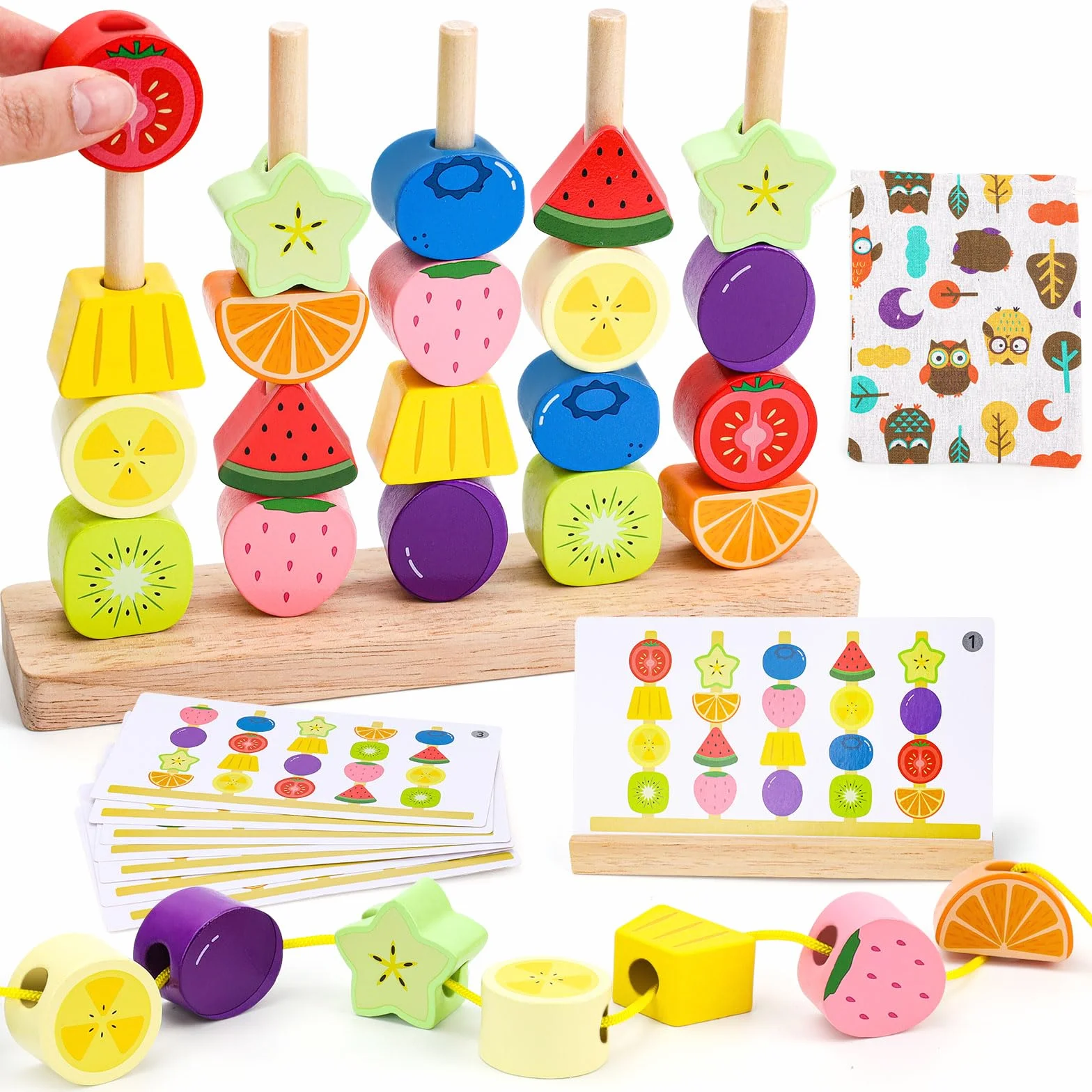Giochi Montessori 2 Anni in Legno per Bambini： Infilare Perline, Impilare e Classificare Frutta - Giocattolo Educativo Viaggio per 2-5 Anni - Sviluppo Motricità Fine (Regalo Bambino/Bambina)
