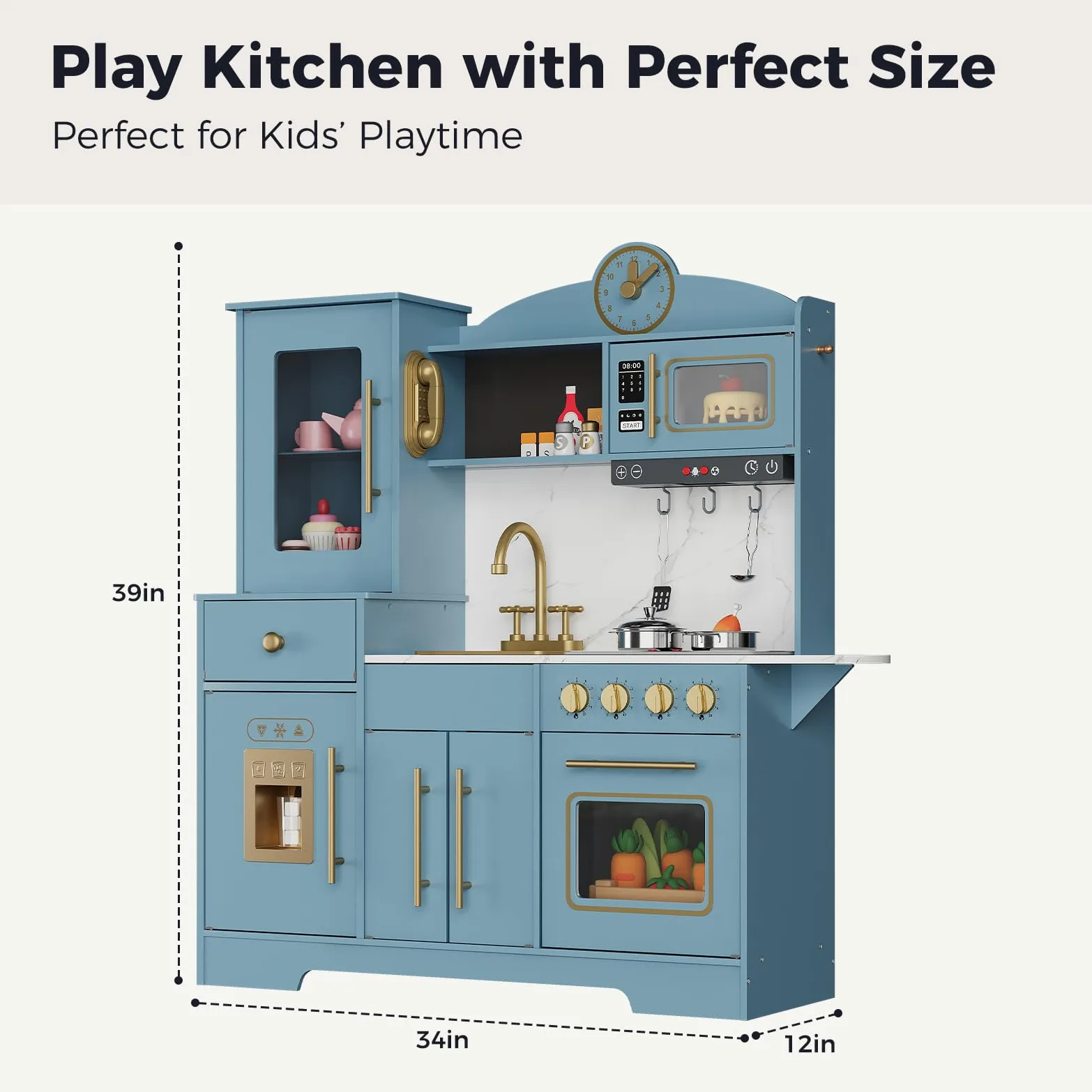 Cucina Giocattolo per Bambini in Legno con Interattiva LED, Cucina Bambini con Telefono, Orologio, Microonde, Piano a Induzione, Macchina del Ghiaccio, per Bambini da 3 Anni in Su, Blu