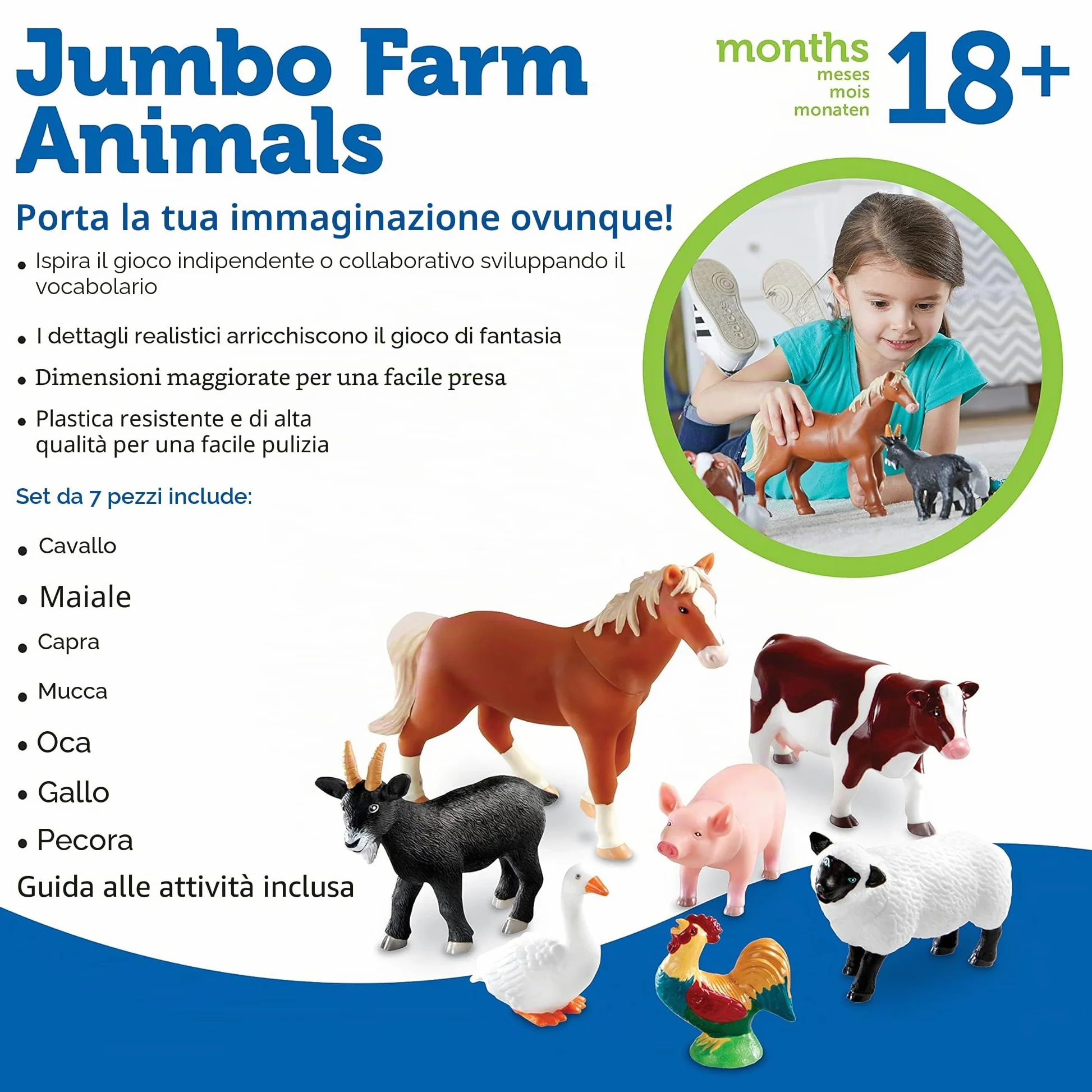 Learning Resources Animali della Fattoria Jumbo, Dai 18 Mesi, Set da 7 Animali in Plastica Resistente, Ideali per Giochi Immaginativi e Attività Montessori