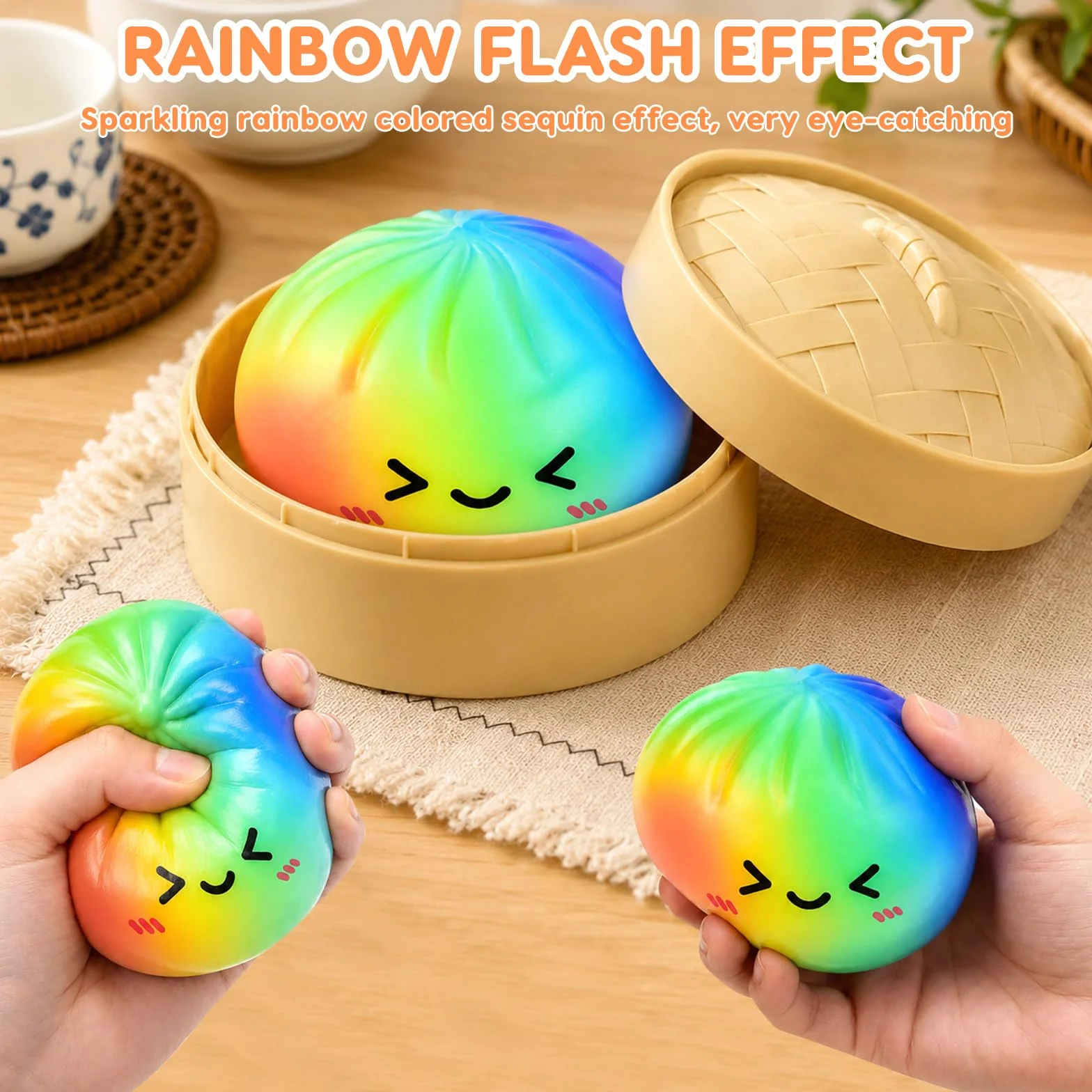 Dumpling Squishy con Vaporiera 9,5 cm, Glitter Squishy Dumpling Mystery, Giocattolo Anti-Stress Slow Rising Bao Bun Balla Antistress (Rainbow)