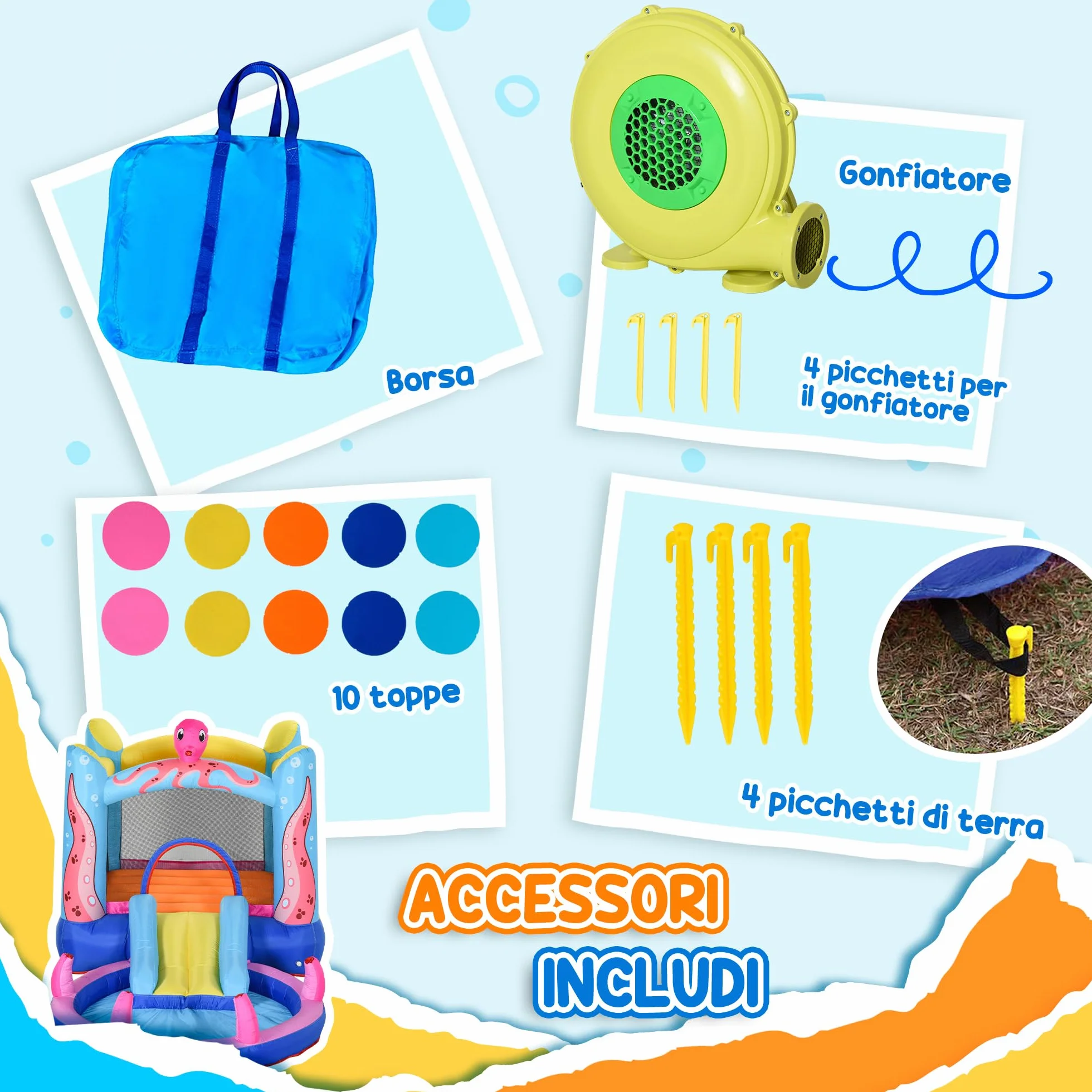Outsunny Castello Gonfiabile Gigante e Rimbalzante per Bambini 3-8 Anni con Scivolo, Piscina e Gonfiatore 3.6x1.75x1.8m