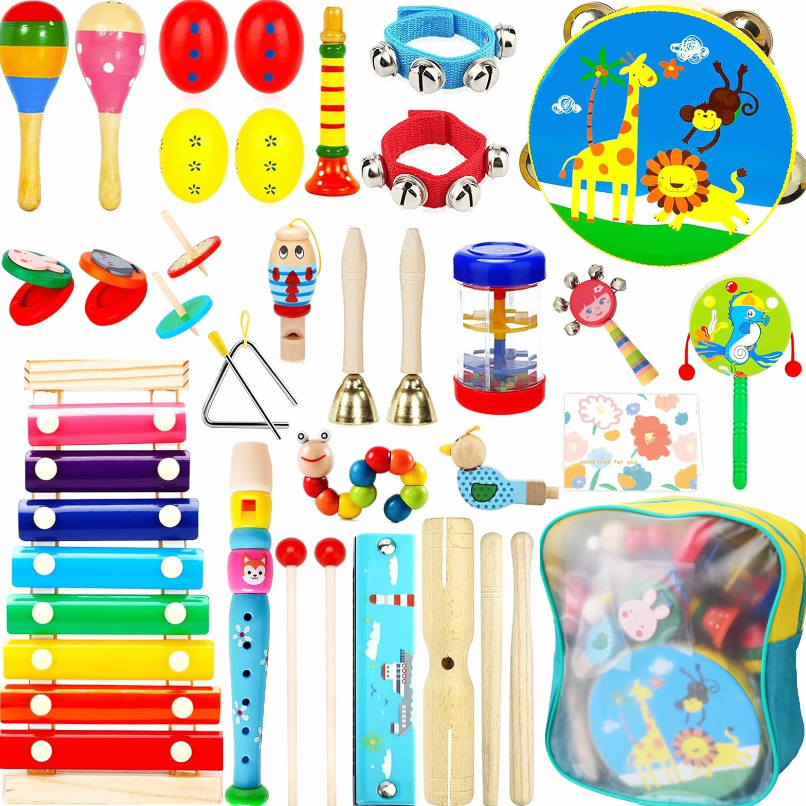 34 Pezzi Strumenti Musicali Bambini,Percussioni per Bambini con Zaino,Percussioni per Bambini con Borsa,Strumenti Musicali Percussioni Giocattolos in Legno,Strumenti Musicali Montessori