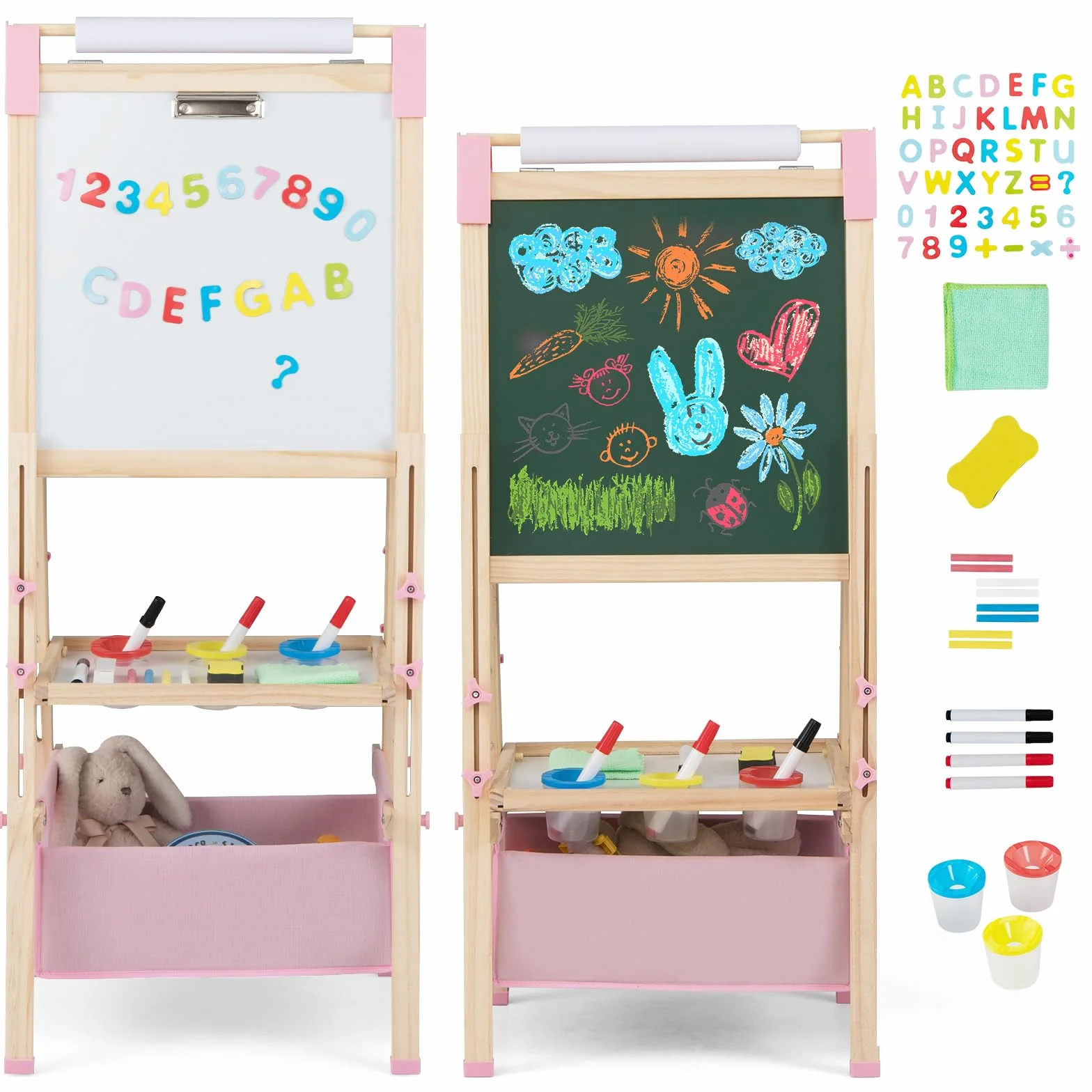 COSTWAY Cavalletto per Bambini Regolabile in Altezza in Legno, Cavalletto a Doppio Lato con Lavagna Magnetica e Bianca, con Scatola, Magneti con Lettere e Numeri, per Bambini 3-8 Anni (Rosa)