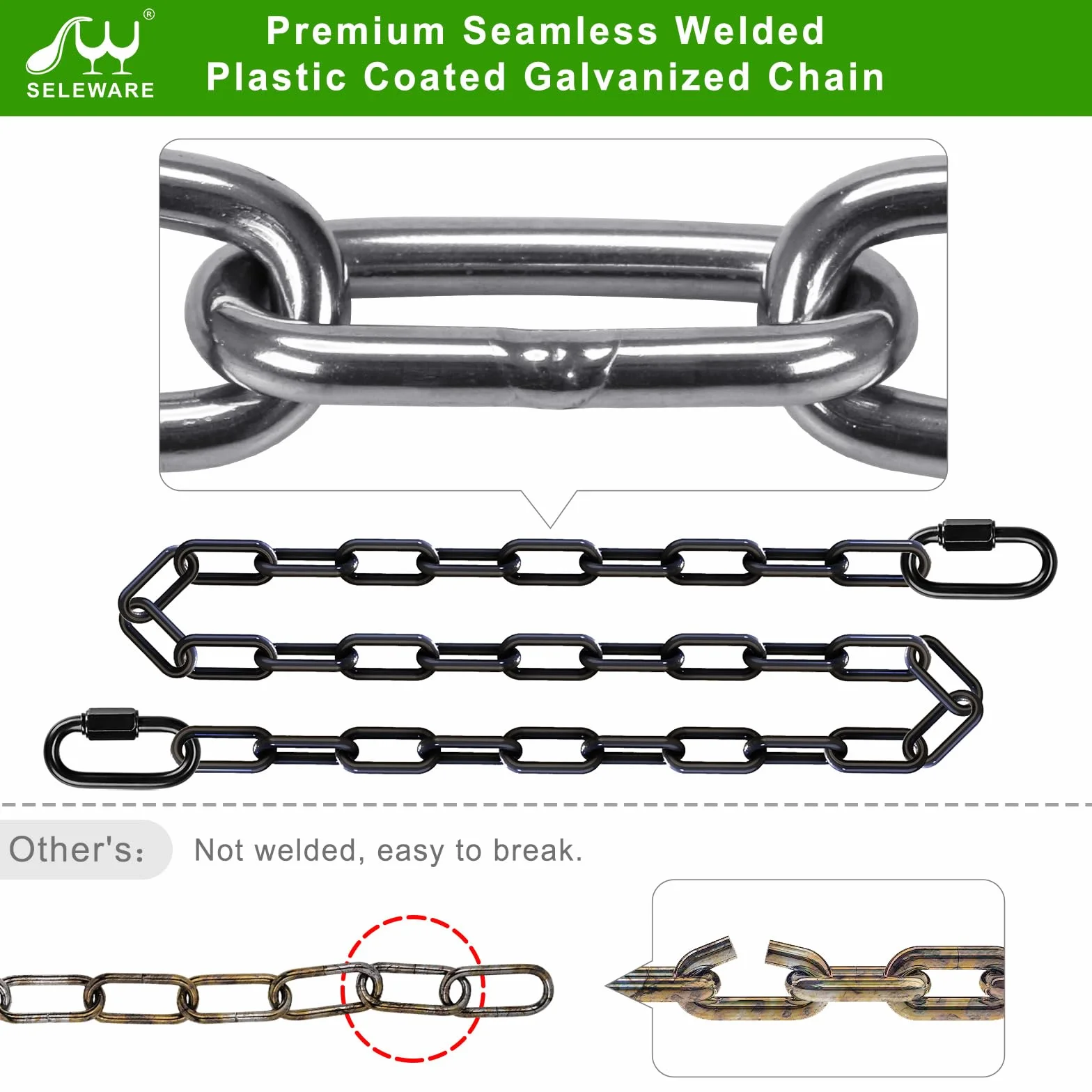 SELEWARE Confezione da 2 Catene sospese da 152 cm con 4 moschettoni, capacità 453,6 kg, Catene rivestite in plastica, Kit Hardware per Altalena, Sedia sospesa, Sacchi da Boxe, Palestra Interna ed